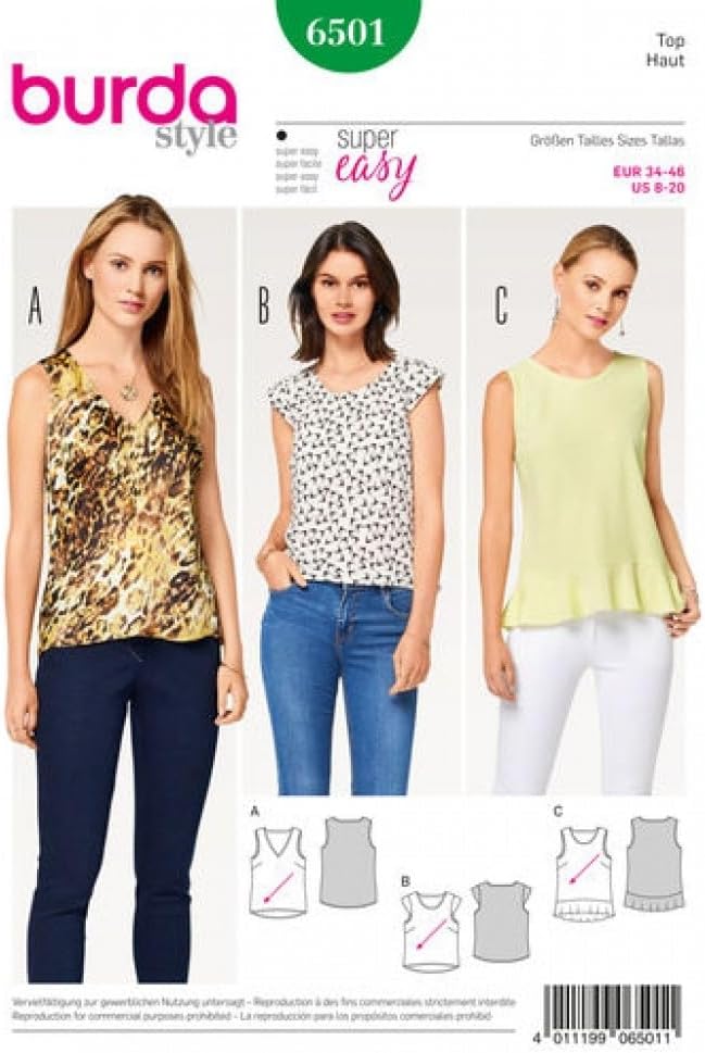 Burda Señoras patrón de costura fácil 6501 Tops de verano