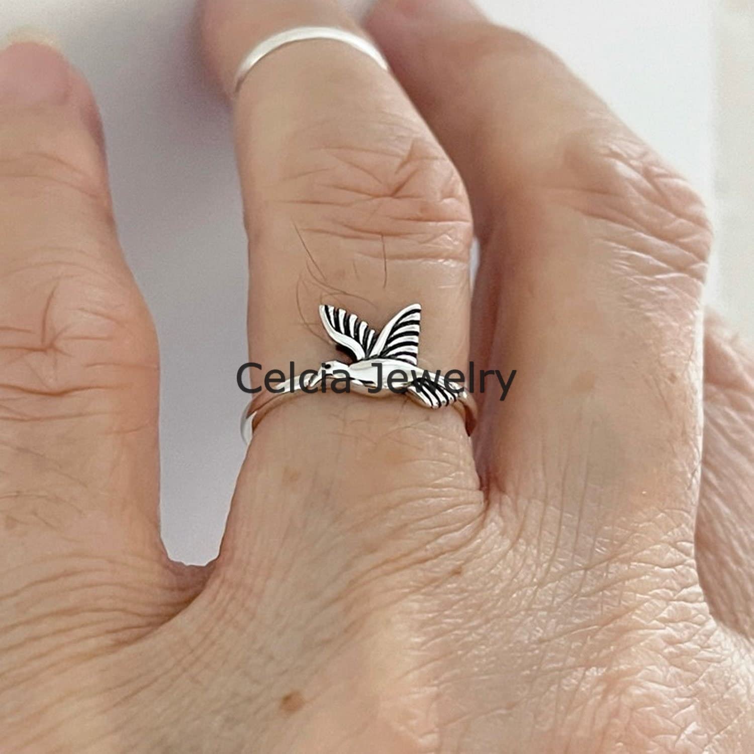 Sólido anillo de pájaro pequeño de plata de ley 925, anillo hecho a mano único, anillo de animal, anillo de paloma, anillo bohemio bohemio, anillo de espíritu, anillo minimalista