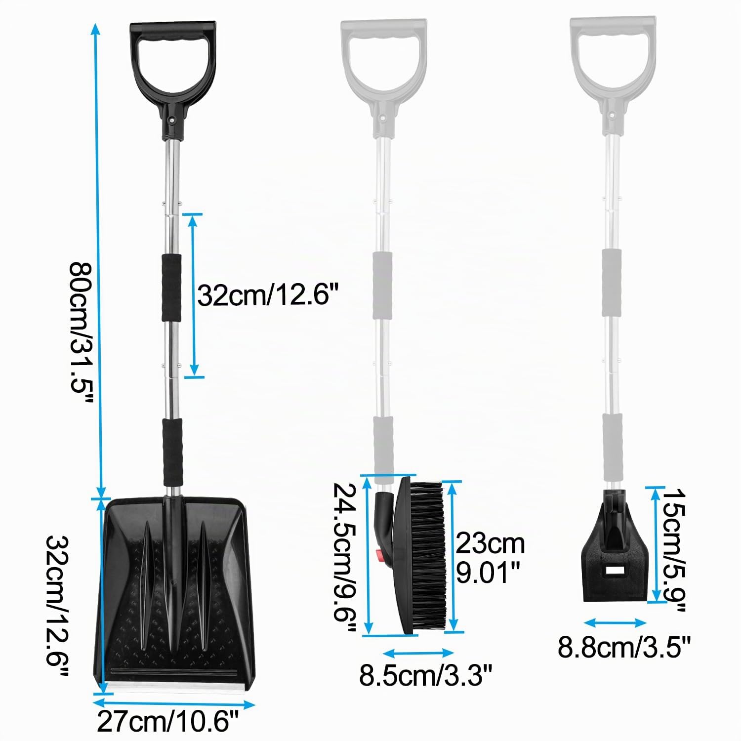 LESOLEIL Kit de Pelle à Neige 3 en 1 Portable Pelle à Neige avec grattoir à Glace et Brosse à Neige, Poignée en Acier Inoxydable (Noir)