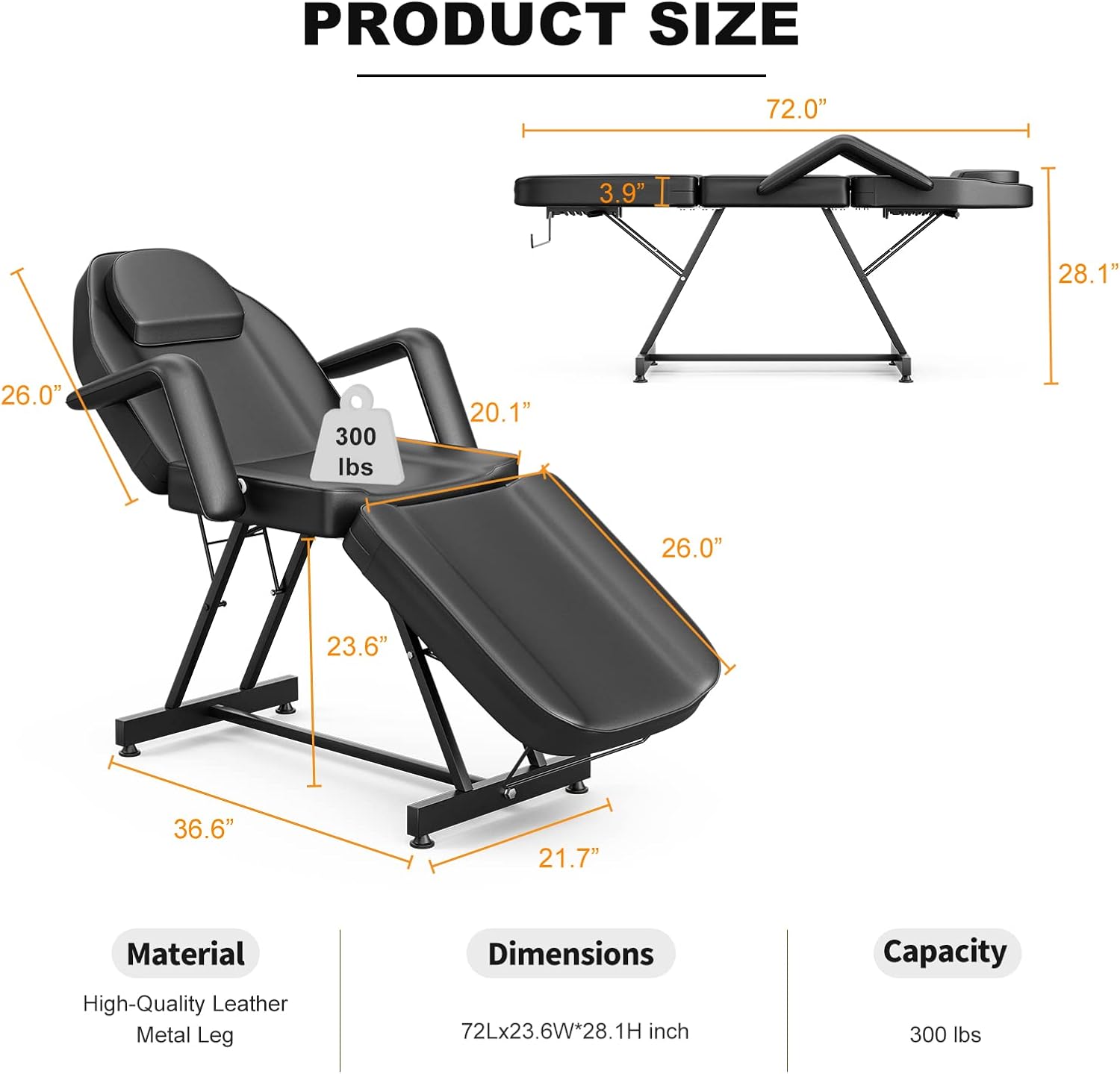 Product size diagram showing dimensions of 72 inches length, 23.6 inches width, 28.1 inches height, and 300 lbs capacity.