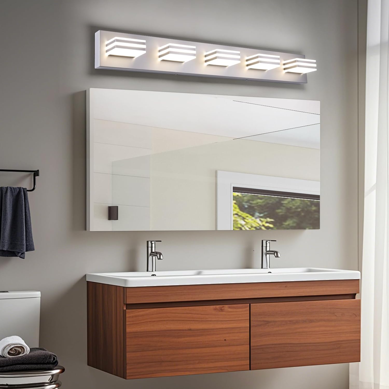 yumcrelect LED Wall Brushed Nickel Vanity Lights for Bathroom Light Fixtures 30W Adjust 3 Colors Modern Bath Lighing Over Mirror LED Vanity Light (5-Light,34inch) Brushed Nickel-3 Color Temperature 5-Light, 34-Inch