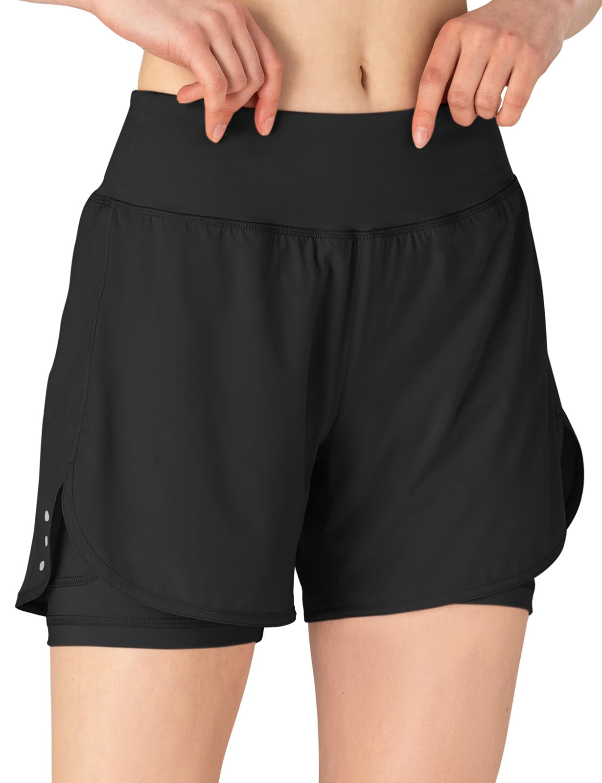 donhobo Short de sport d'été 2 en 1 pour femme - Séchage rapide - Pour fitness, yoga, jogging, entraînement L Noir