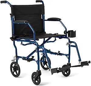 Medline Ultra Lightweight Transport Wheelchair for Adults, 19-Inch Seat, Foldable, Blue Frame, Black Upholstery, 300 lb Capacity