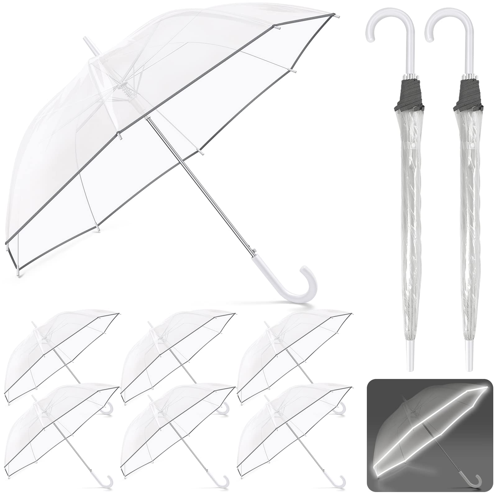 Amylove 8 Pcs Transparent Bubble Umbrella with Reflective Strip Clear Umbrella Wedding Dome Windproof Auto Open Rain Umbrellas for Adults Kids Travel Outdoor Ceremony Party Props Gifts
