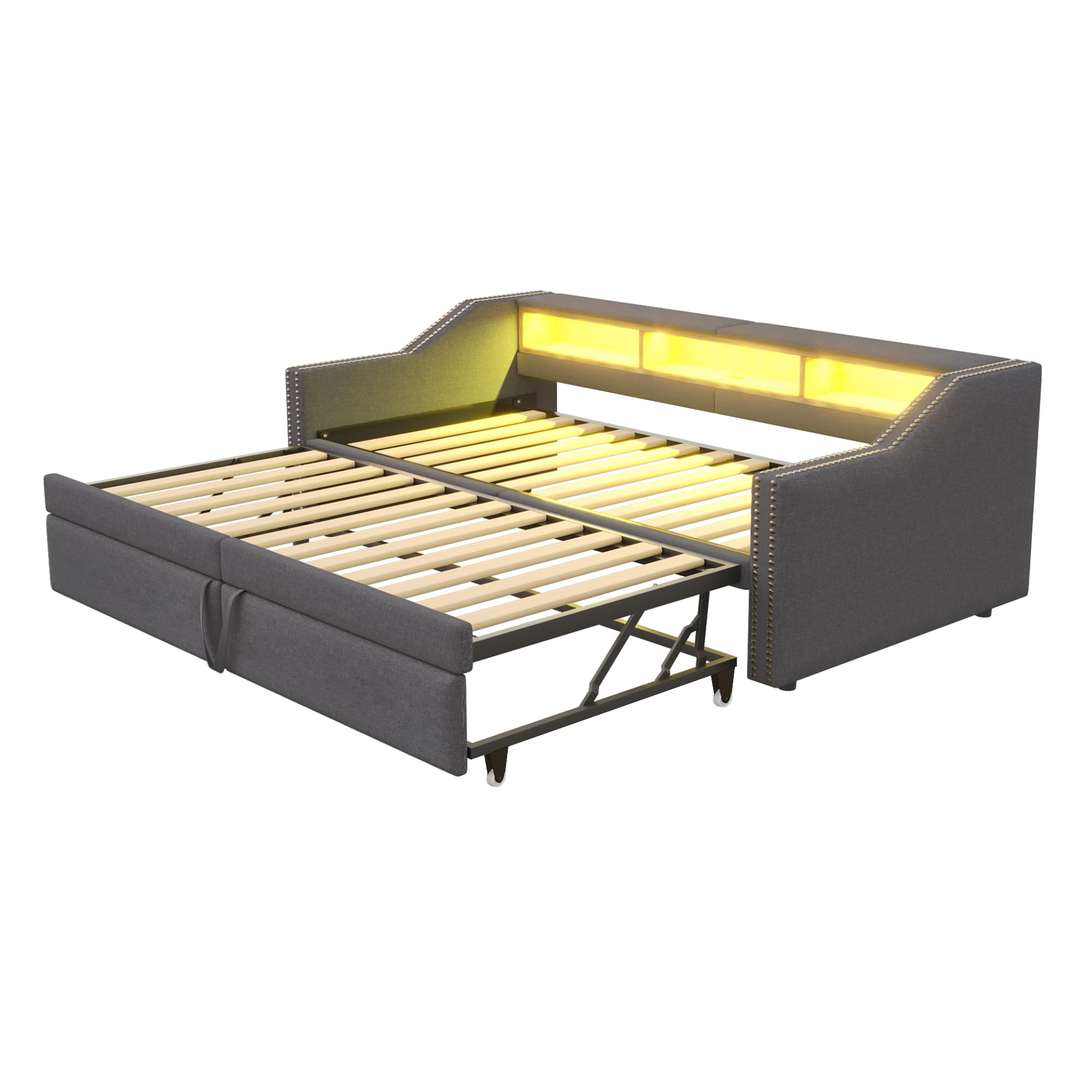 Divano letto imbottito allungabile 90/180 x 200 cm, vano portaoggetti multifunzione, luce LED e presa USB, con rete a doghe, grigio scuro