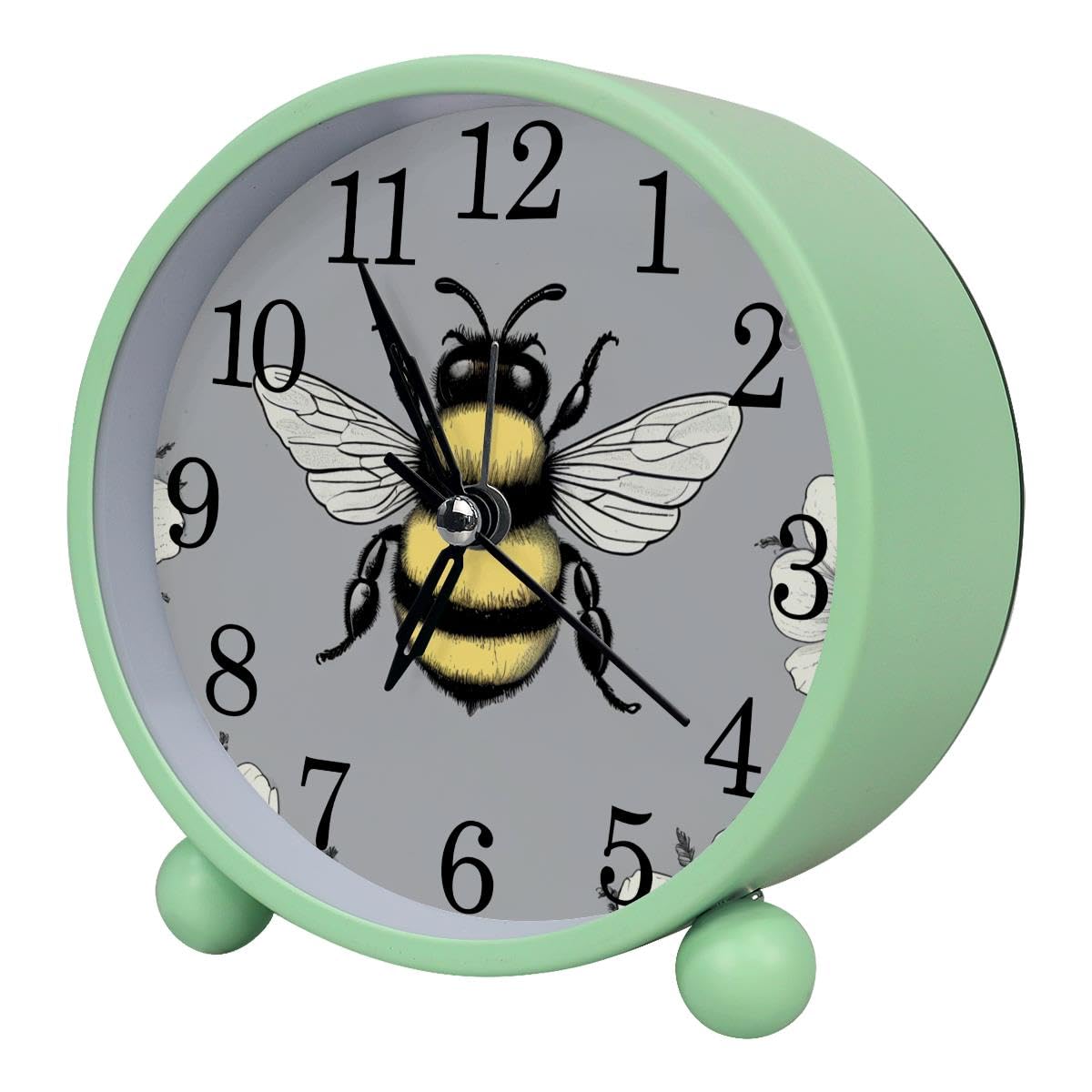 Luoweisi Alarm Clock Bee Floral, Silent Non-Ticking with Night Light, Round Metal Alarm Clock for Office, Battery Operated, Bedroom, Elderly, Adults, Children, Student Gifts
