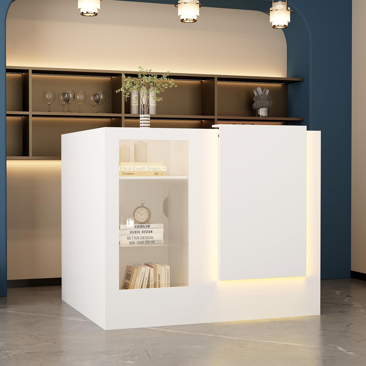 Banco di ricezione ad angolo bianco, con cassetto della tastiera e 2 armadi, cassette con strisce luminose, cassette di ricezione con piano in vetro temperato, tavolo da reception, 120 x 122 x