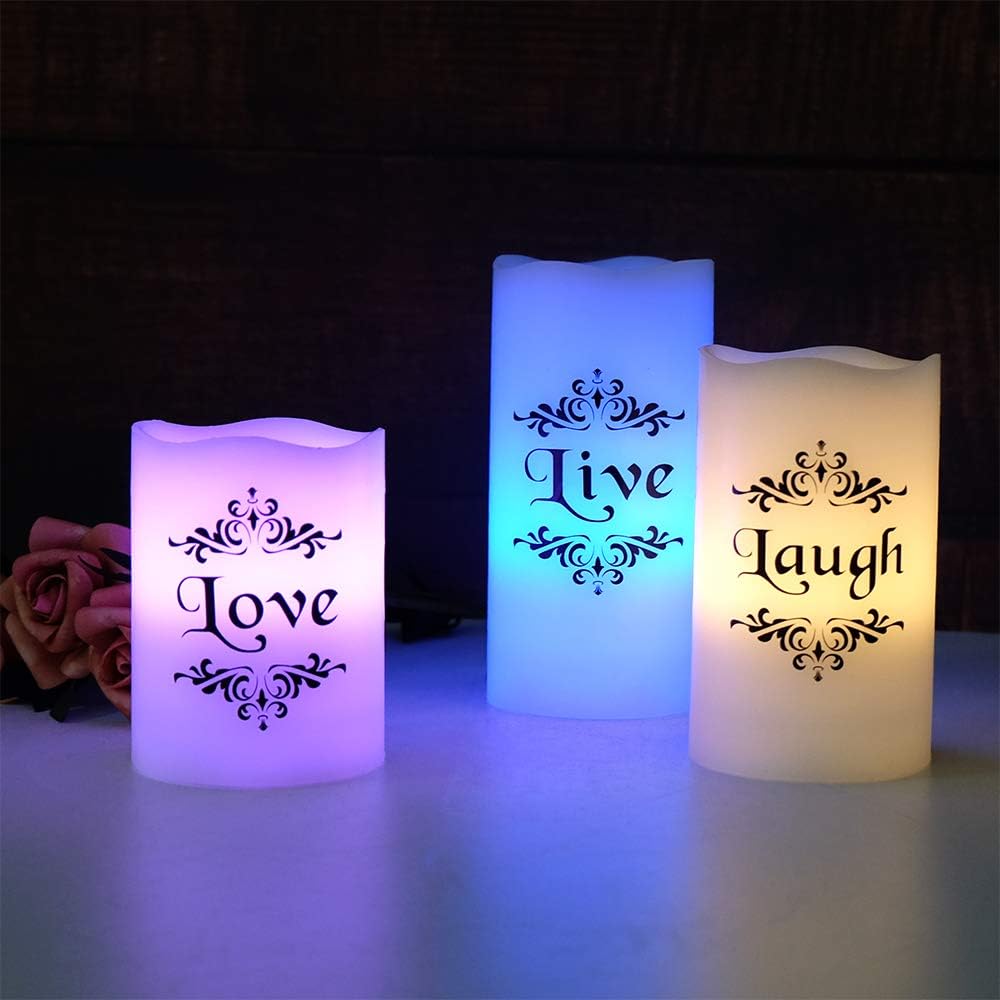 Eldnacele Color Changing Pillar Candles Battery Operated Flickering Flameless Candles Multi Colored with Remote Control Timer - Live, Love, Laugh Candle Gifts Decor (D3 x H4 5" 6")