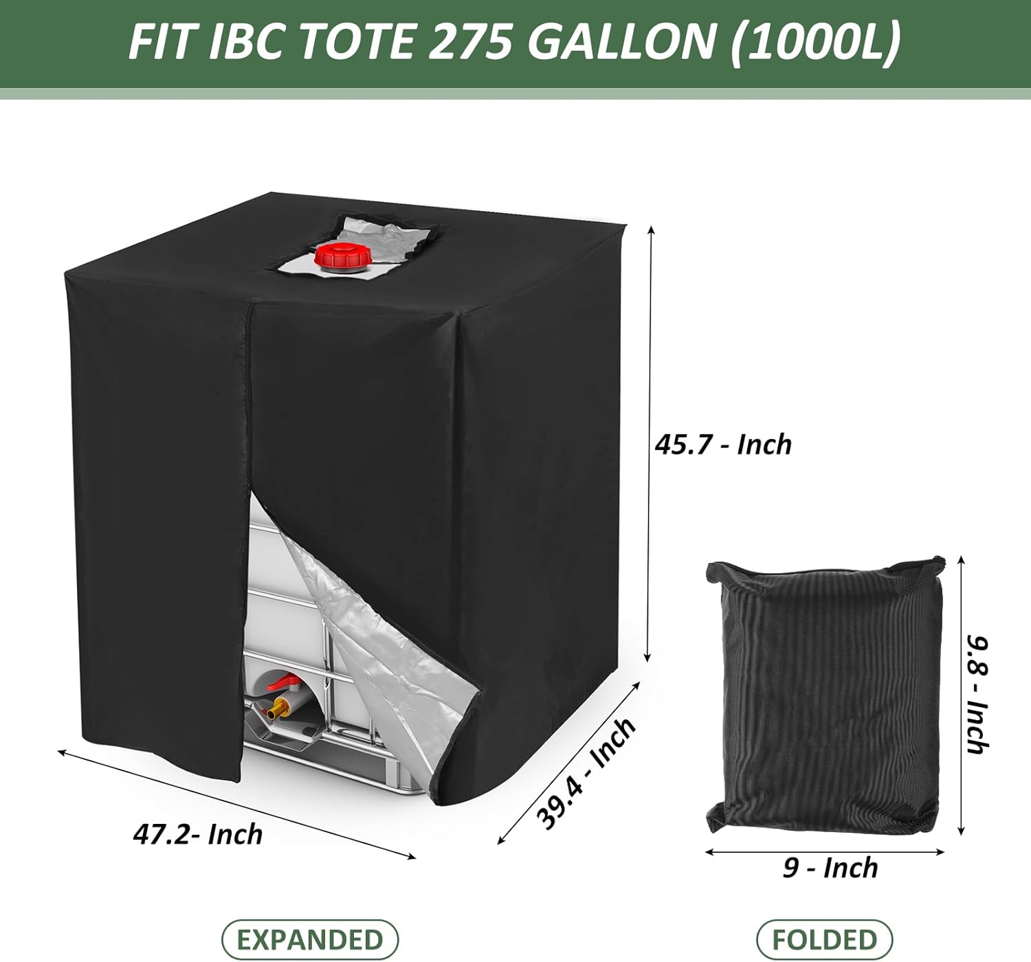 PATIKIL IBC Tote Cover 275 Gallon 420D Fabric Sunshade Waterproof Water Tank Protective Cover with Zipper for 1000L Outdoor Garden Water Ton Rain Barrel, Black (120 * 116 * 100cm)