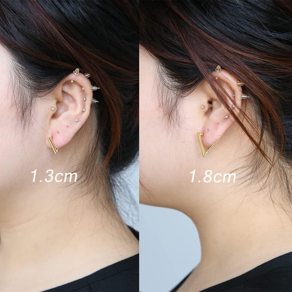 2 Pairs 14K Gold Plated Minimalist Geometric Triangle Huggies Hoop Earrings, V Shaped Hoop Earrings for Women Gift 1.3cm/1.8cm, gold and silver - Image 4