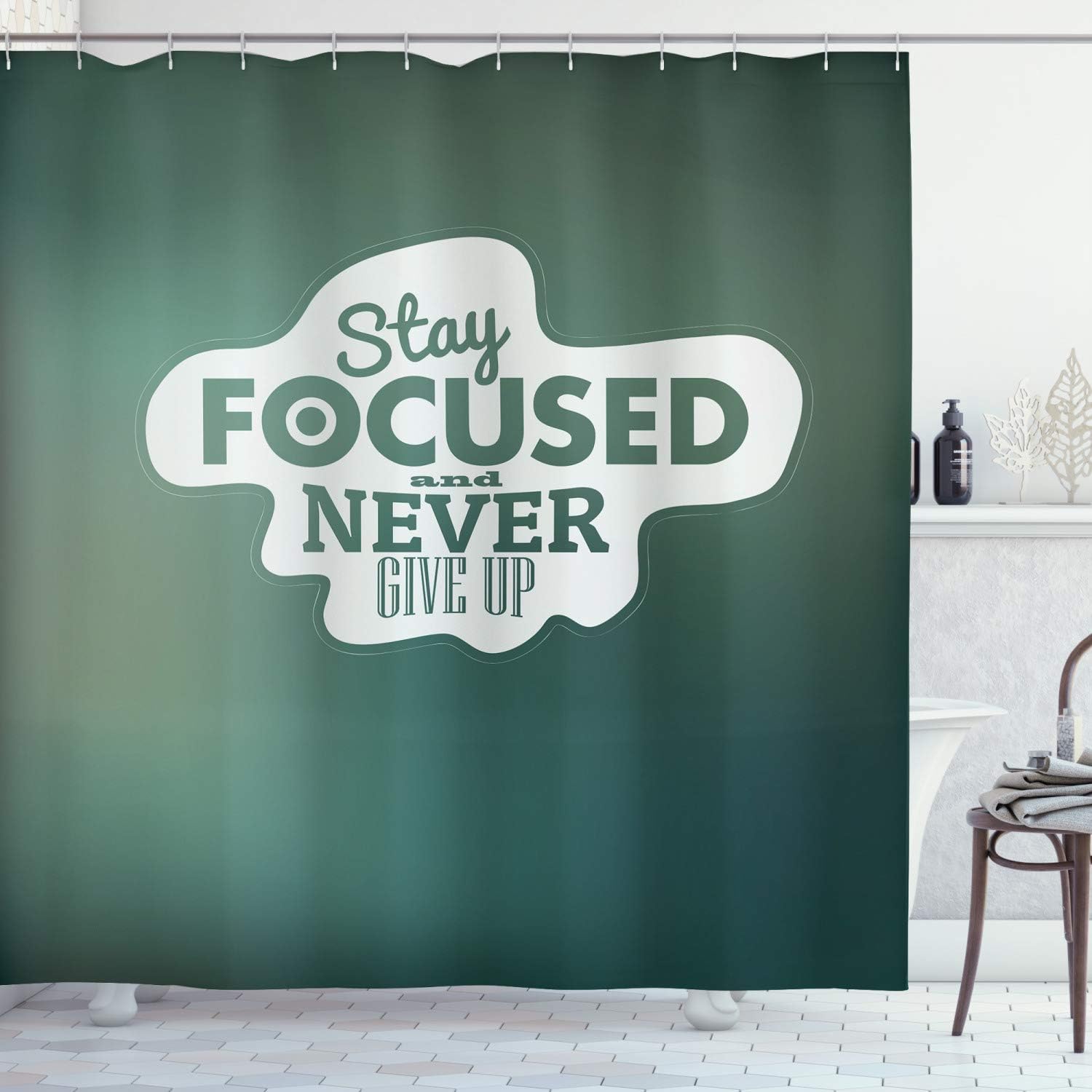 Ambesonne Motivational Shower Curtain, Stay Focused and Never Give up Inspirational Words on Abstract Backdrop, Cloth Fabric Bathroom Decor Set with Hooks, 69" W x 75" L, Jade Green