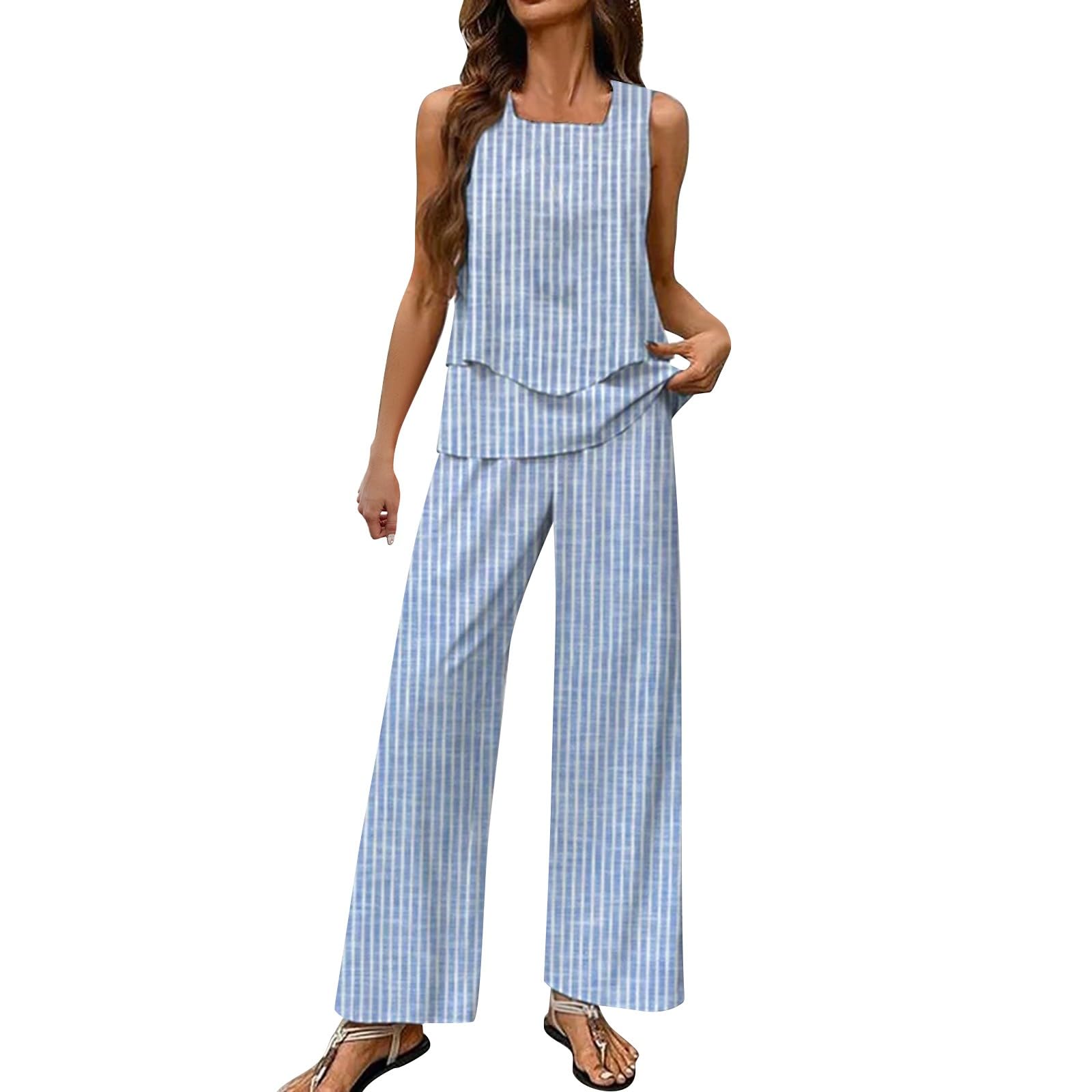 Floral 2 Piece Sets for Women Summer Boho Floral Sleeveless Tiered Tank Top Wide Leg Pant Suit Casual