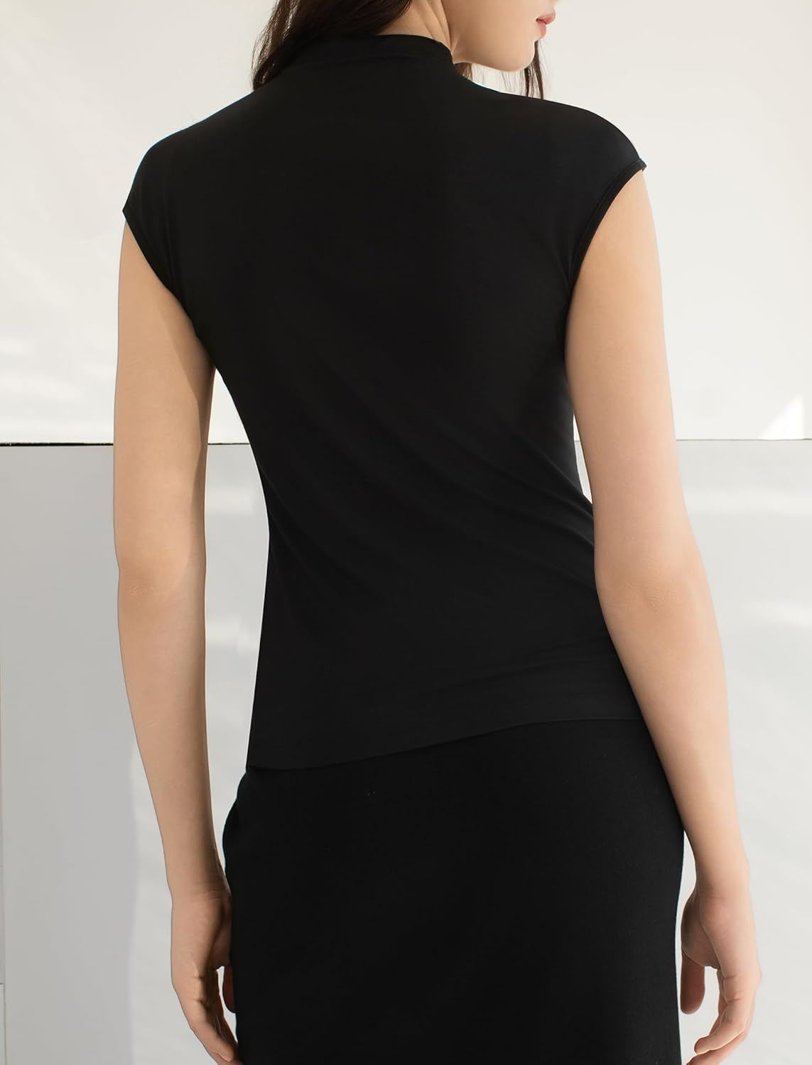 Women's Sleeveless Turtleneck Tops Slim Fit Mock Neck Cap Sleeve Soft Tank Tops Basic Stretchy Layer Tee Shirts Black, Large - Image 3