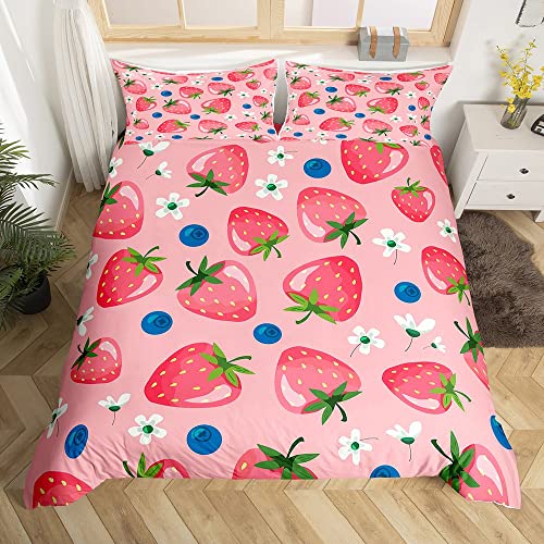 Homemissing Fraise Gamins Parure de Lit 200x200cm Kawaii Tropical Fruit Sets de Housse de Couette pour Garçons Les Adolescents Floral Blueberry Housse de Couette Set Juicy Parure Housse de Couette