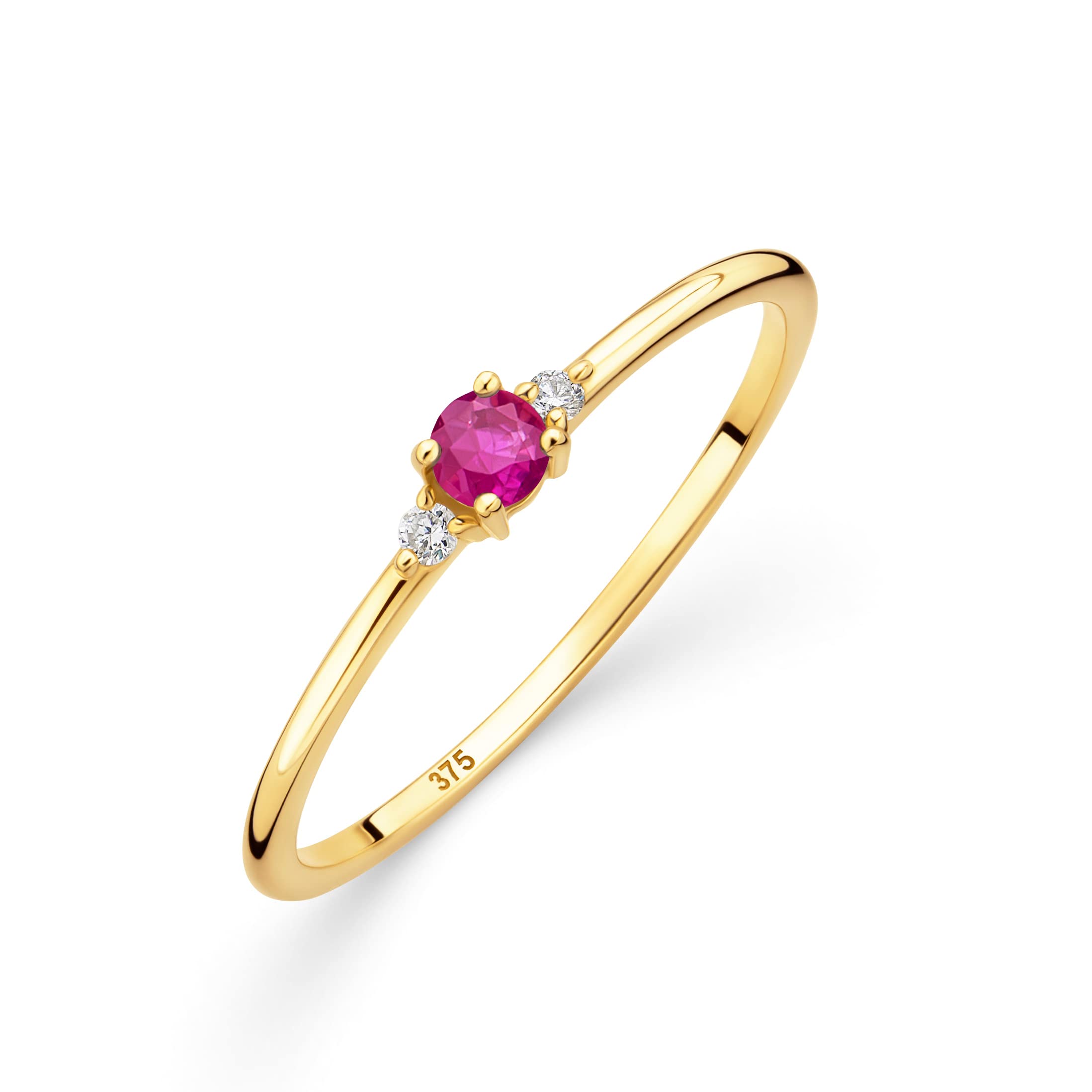 Orovi Damen Goldschmuck, Gold Ring mit Saphir/Amethyst/Rubin/Smaragd/Topas und 2 Diamanten 0.03 ct, Trilogie Ring, Verlobungsring, Edelstein, Gelbgold 9 Karat (375)