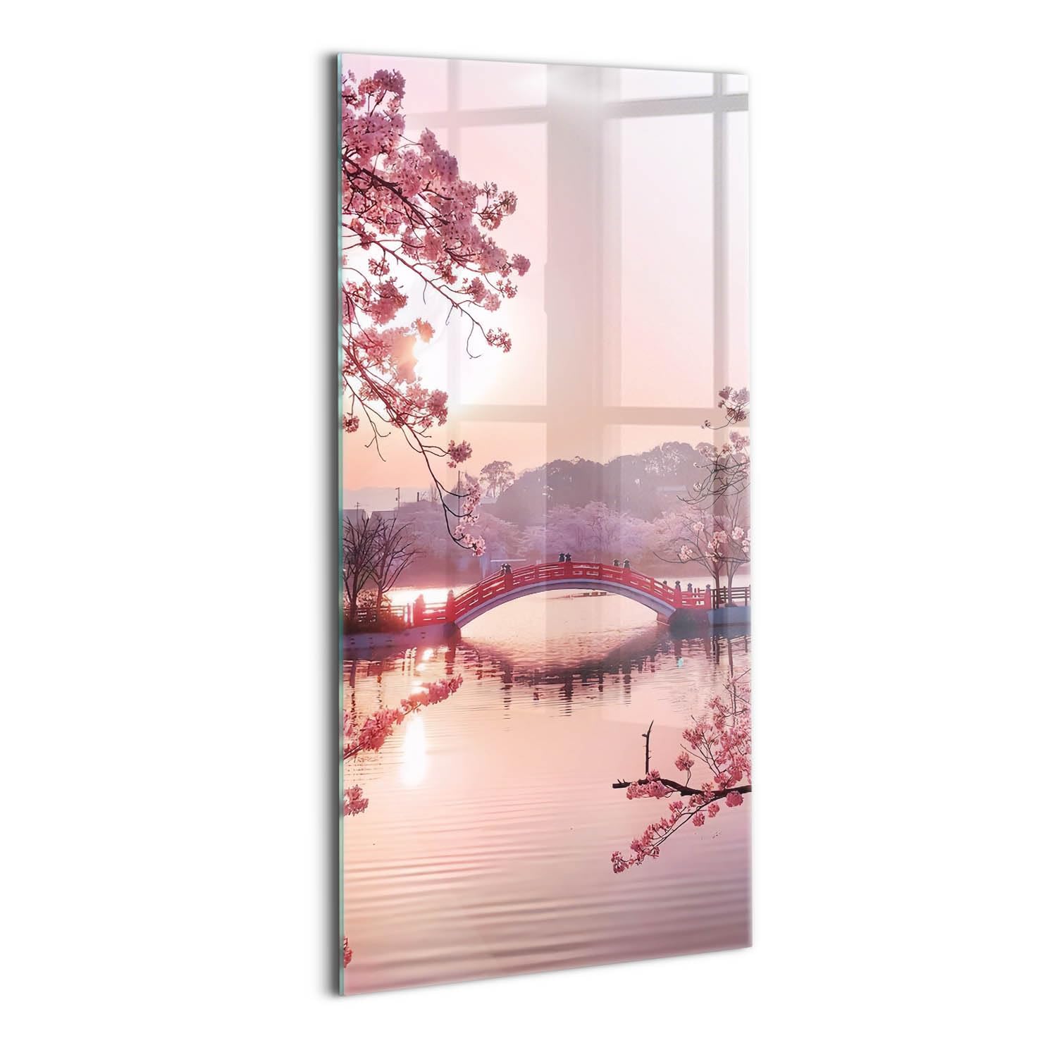 Wallfluent Painting for Living Room Kitchen Tempered Glass 50x100cm/19,7x39,4inch Modern Artwork Waterproof Panel Image Wall Decoration Art Picture - Cherry blossoms and bridge - Japanese style