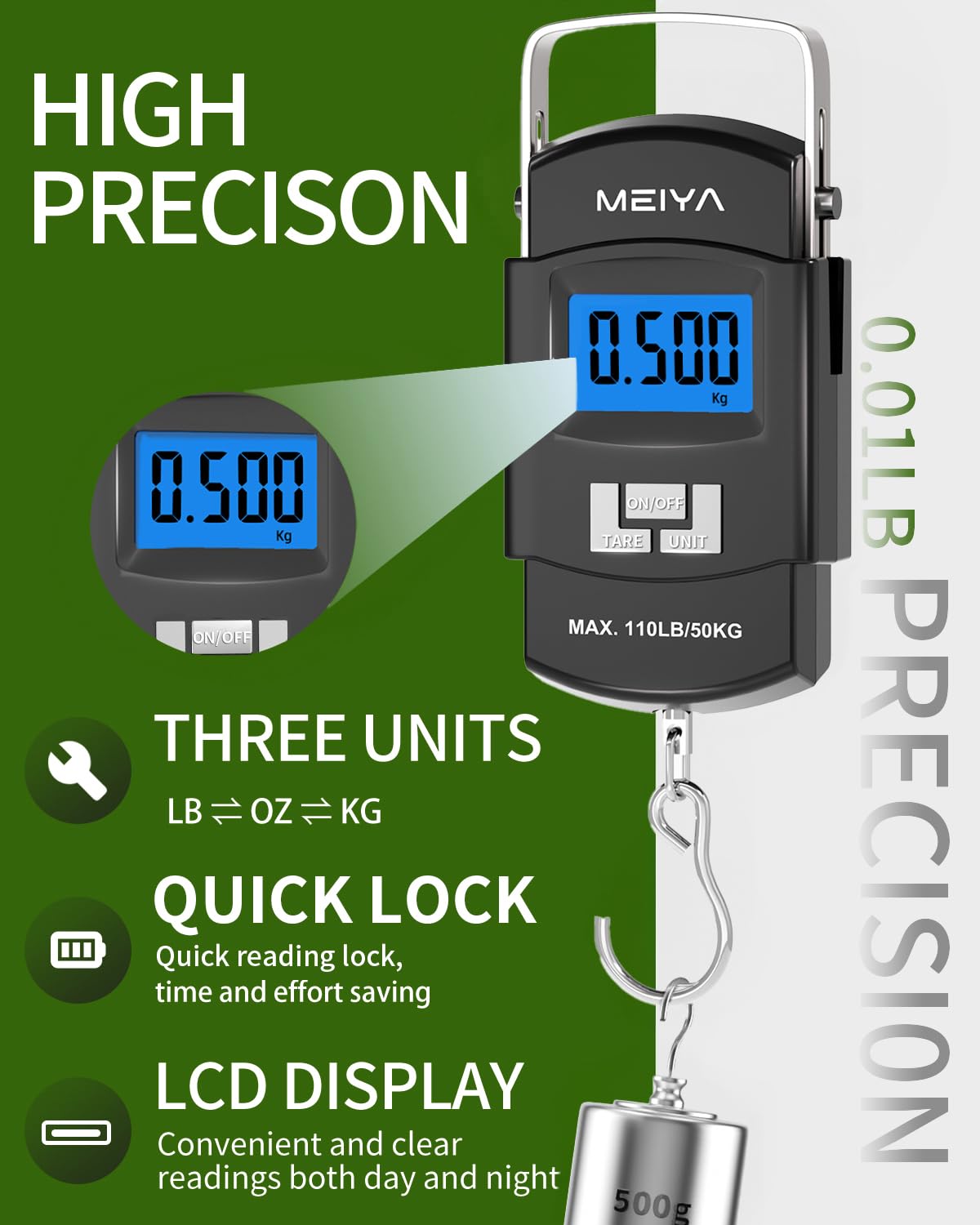 MEIYA Fish Scale 110lb/50kg Digital Fishing Scale with Backlit LCD, Portable Handle, Stainless Steel Hook & 2 AAA Batteries – Reliable Fishing Gear & Great Fishing Gifts for Men