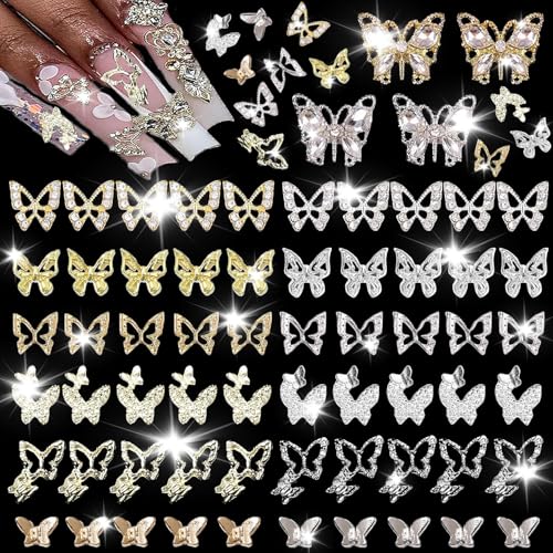 124 PCS Butterfly Nail Charms Gold Silver Nail Charms 3D Butterfly Charms for Nail Design