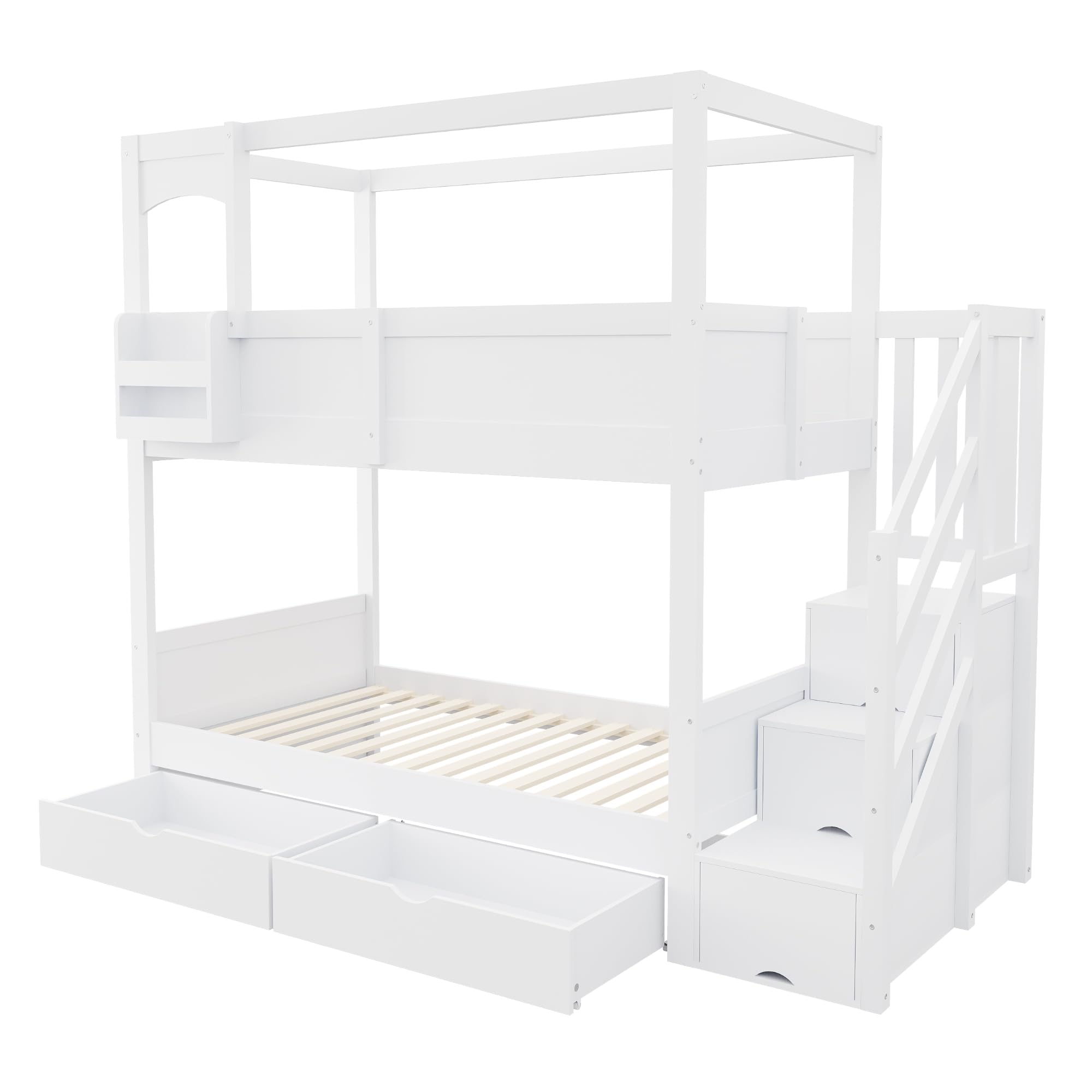 Letto a castello per bambini, 90 x 200 cm, telaio in stile cotta, bianco | Con ripiani flessibili e una lavagna creativa, con scala e cassetti, letto matrimoniale per ragazzi e ragazze
