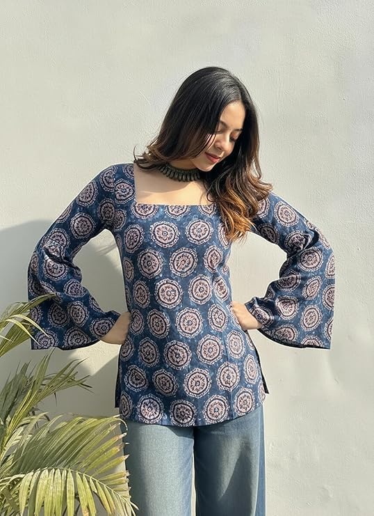 Image of ANNI Designer Women's Viscose Blend Printed Short Kurti | Straight Fit Casual Ethnic Top | Square Neck 3 /4 Sleeve Kurta Office College
