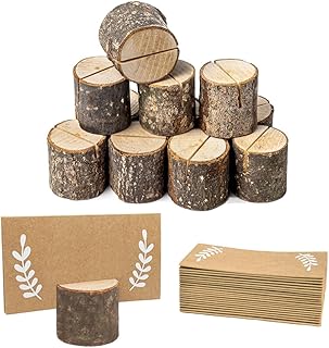 24Pcs Rustic Wooden Place Card Holders and 30Pcs Kraft Table Name Place Cards, Wood Table Number Holders, Wood Photo Holders, Name Card Photo Picture Clips for Thanksgiving Dinner Party.