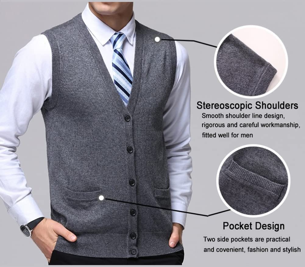 FULIER Hommes Gilet en Laine De V-Cou Gilet sans Manche Gilet Classique Gentleman Tricots Cardigans Pull Tricoté Débardeurs avec Boutons