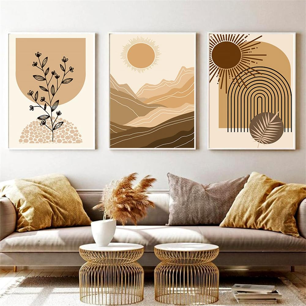 WBYZAC Botanical Posters-Wall Art Canvas Painting Sun Rainbow Leaves Geometric Abstract Boho Nordic Posters and Prints Wall Picture for Living Room Kitchen Decor-60 * 70cm*3PCS (No Frame)
