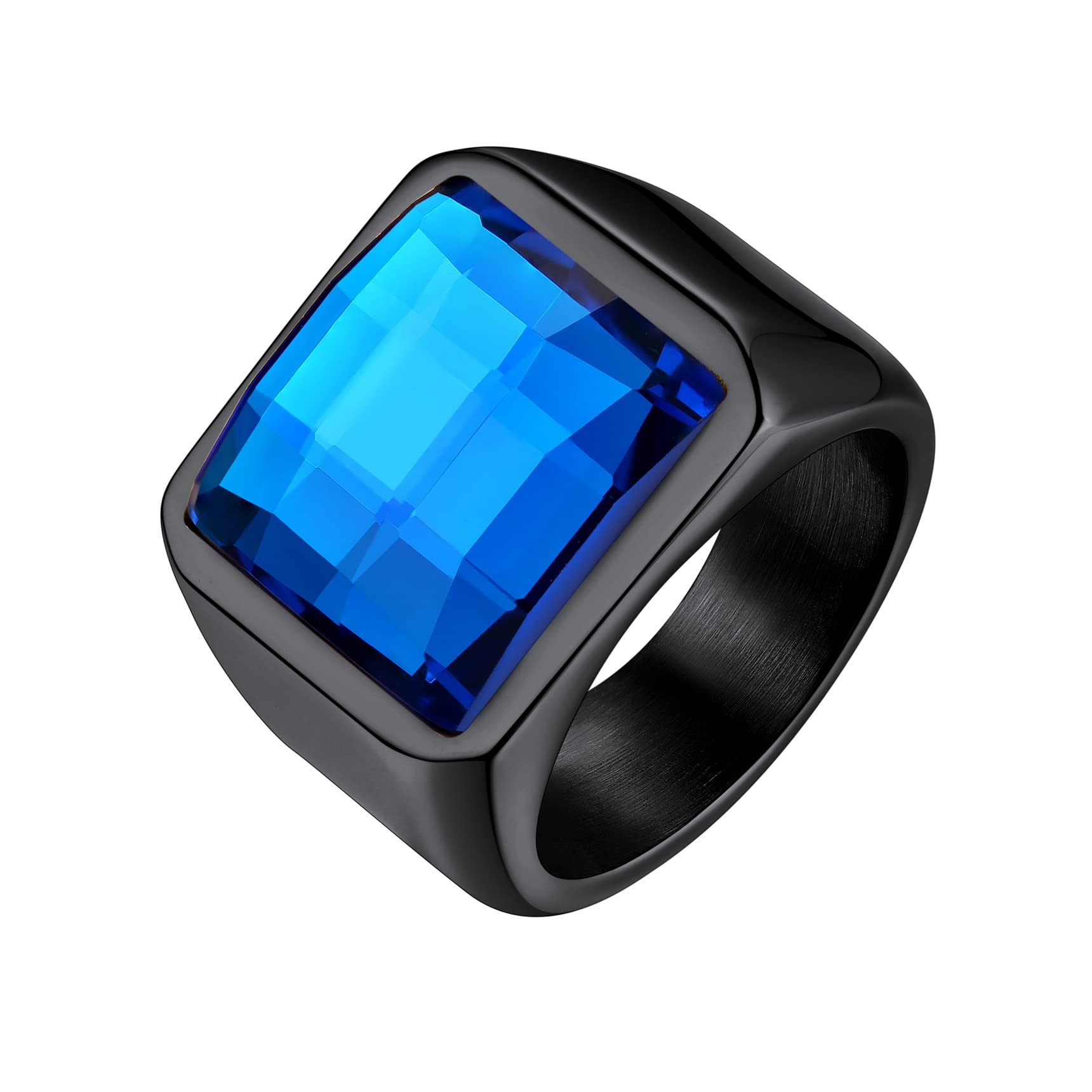 Bestyle Anillo Hombre Grande Anillos de Sello Cuadrado 15mm Ancho Anillo con Piedra Negro/Azul Anillos Acero Inoxidable Personalizados Anillos Hombre Tamaño 14.5-32.5
