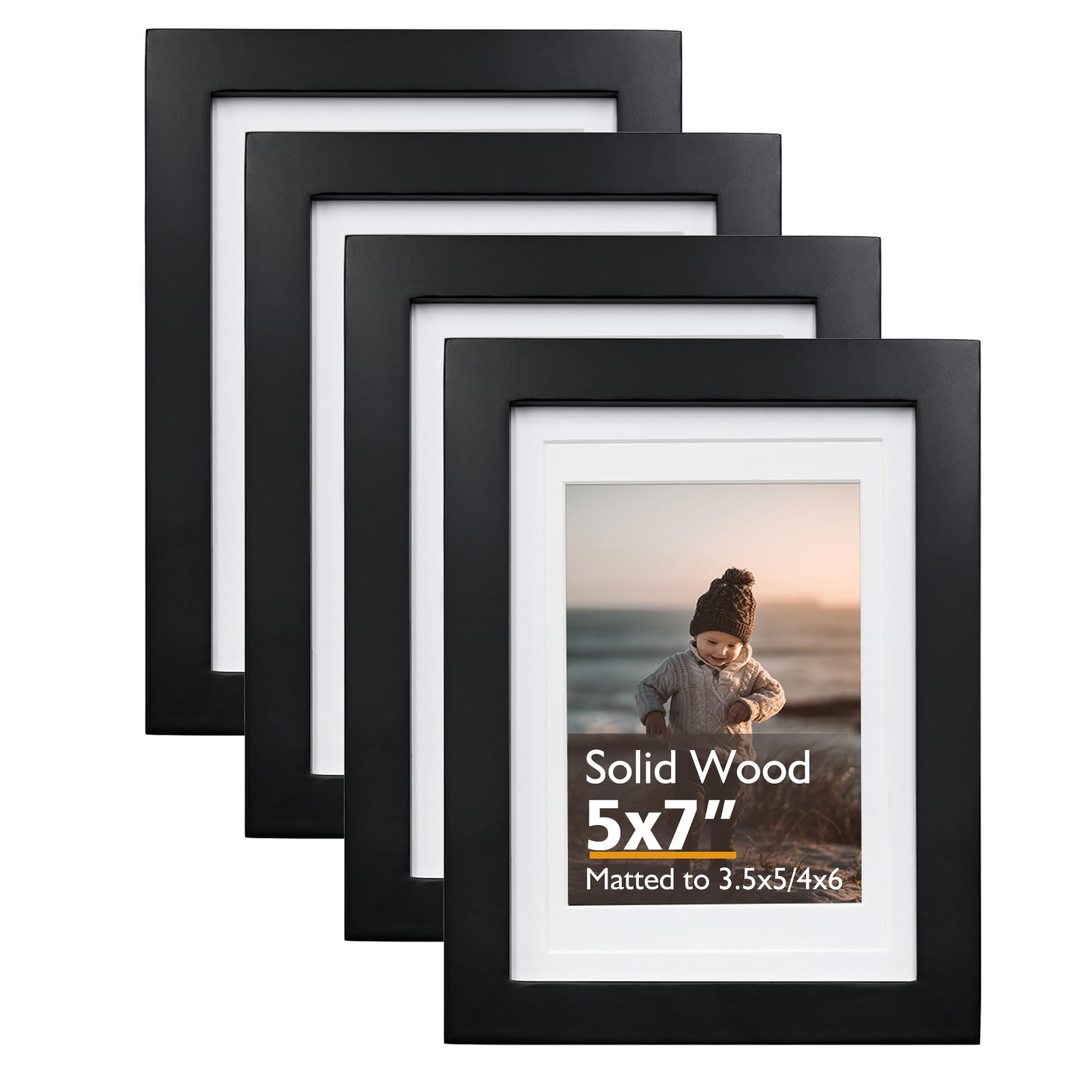 KINLINK 7x5 Picture Frames Black, Wood Frames with Acrylic Plexiglass for Pictures 6x4 with Mat or 7x5 without Mat,Tabletop and Wall Mounting Display,Set of 4