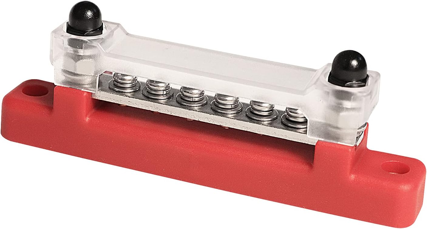 Shkalacar Bus Bar 150A 6 Terminal Single-Row Bus Bar Block with Cover, Ground Distribution, Power Distribution Terminal Block with 6 M4 Screws and 2 Studs, for Car Boat Marine Caravan RV