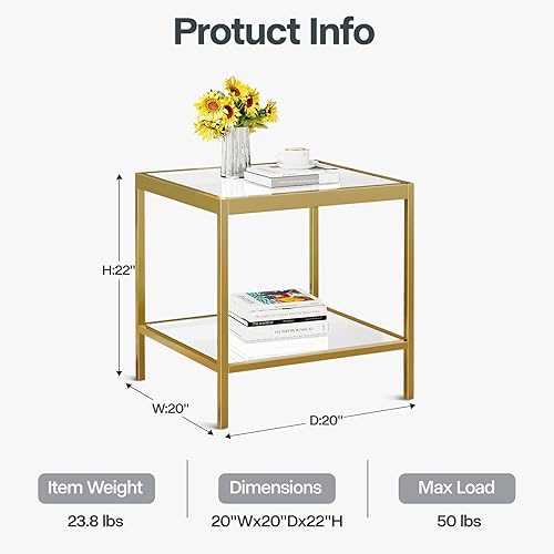 Miniatura 3 de Mesa auxiliar cuadrada de 2 niveles con parte superior de vidrio templado y marco de metal dorado, moderna mesita de noche para espacios pequeños,