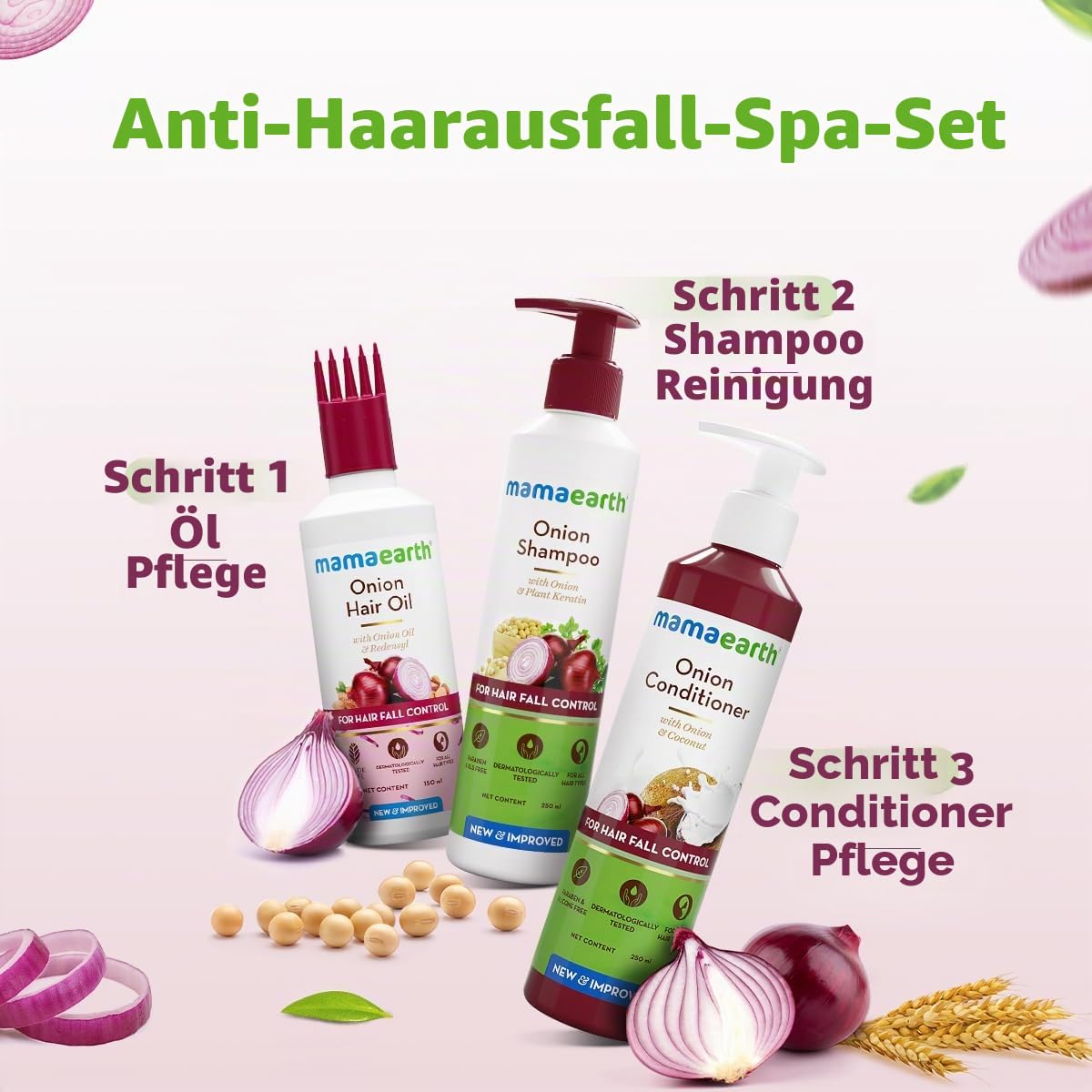 Mamaearth Anti Hair Fall Spa Range: Onion Shampoo 250ml + Onion Conditioner 250ml + Onion Hair Oil 150ml 3 Count