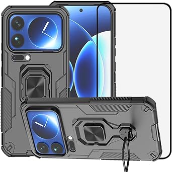Phone Case for Xiaomi 17 Pro Max Case, Hybrid Heavy Duty Armor Shockproof Defender Kickstand Dual Layer Bumper Hard Back Case Cover with Tempered Glass Screen Protector,Black