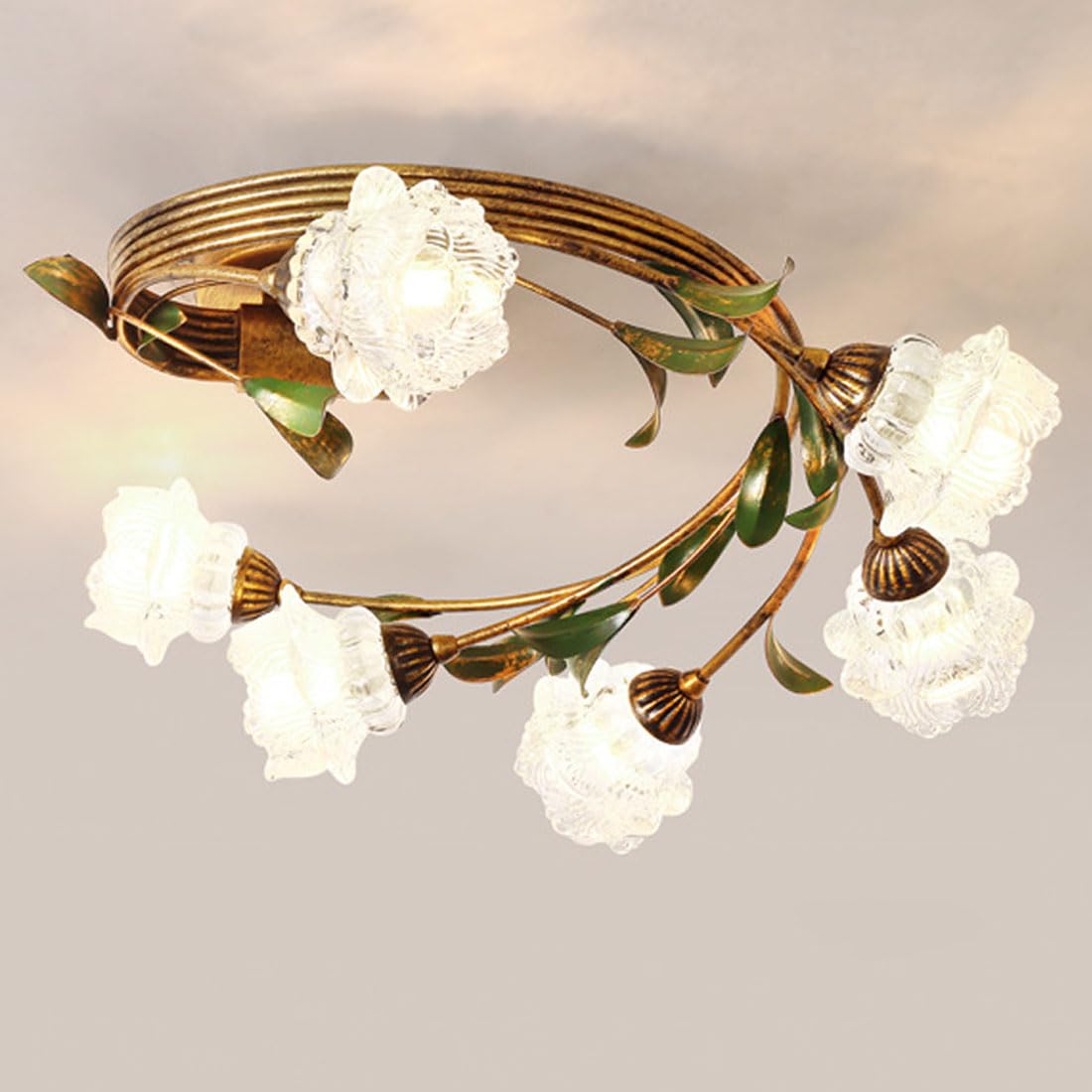 KXEcoLife E14 creative pastoral flower room lamp, Nordic French ceiling American retro chandelier, for bedroom and dining lamps,Clear