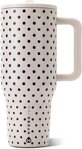 HydroJug Polka Dot Traveler 40oz, Insulated Tumbler, French Vanilla | Triple wall insulated, flip straw lid, leak-resistant, stainless steel, cup holder friendly, BPA-free, Polka Dot