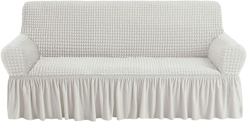 Sofa Covers Ivory Couch Cover Stretch Sofa Slipcovers with Skirt | Ruffle Couch Slipcover,Universal Slip Cover,Easy Fitted,Durable,3 Seat,Living Room,Machine Washable Protector,Country Style