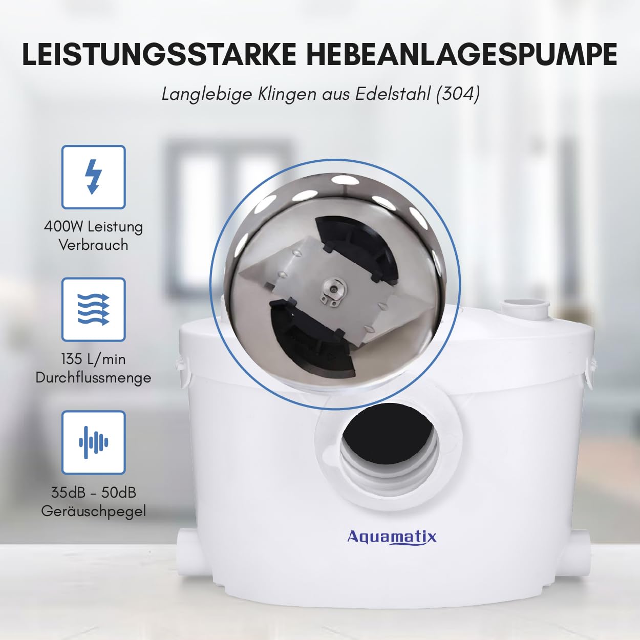 Hebeanlage Abwasserpumpe Aquamatix 3/1 400W Kohlefilter Abnehmbare Serviceplatte