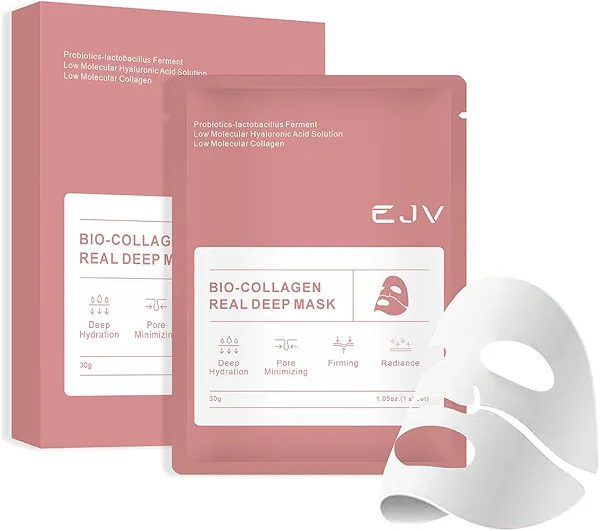 EJV Bio-Deep Collagen Face Mask, Overnight Deeply Hydrate, Korean-style Ultimate Skincare, Suitable for Ladies' Delicate Skin Care, Pore Minimizing, Firm Skin (4PCS)