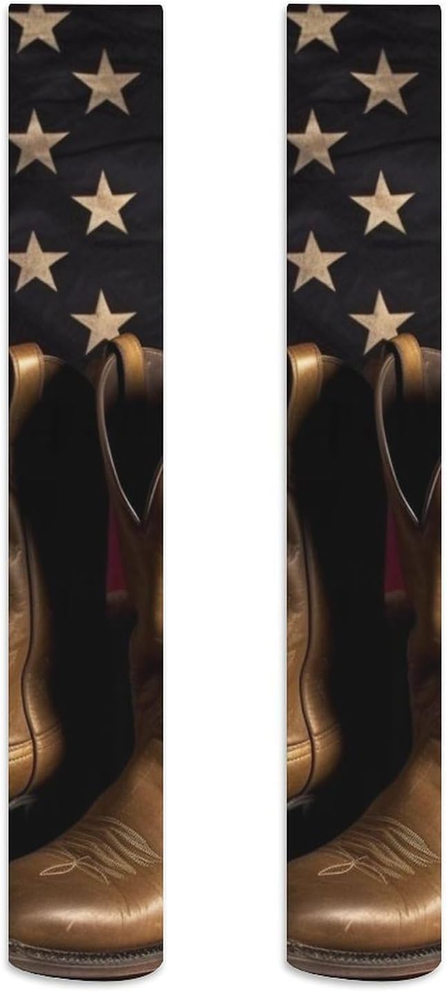 American Flag with Cowboy Boots Knee High Stockings for Women 23.6" Breathable Thigh High Stockings Over The Knee Socks