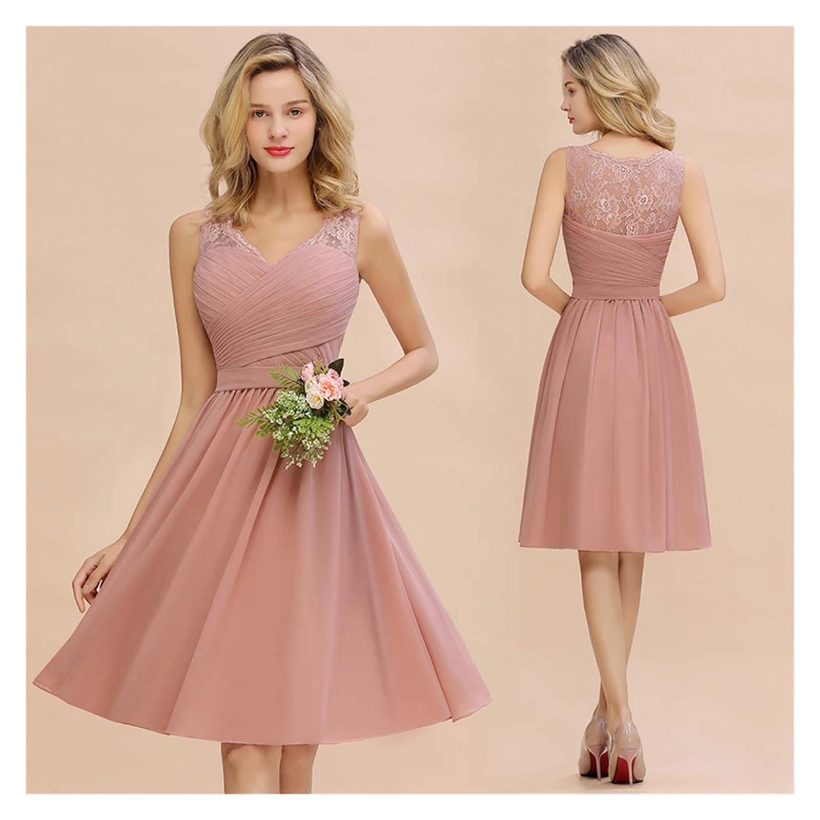 Klassisches Dusty Rose Chiffon A-Linie Brautjungfernkleid for Hochzeitsfeier V-Ausschnitt Ärmellos Spitze Kurzes Abschlussballkleid(Dusty Blue,14)