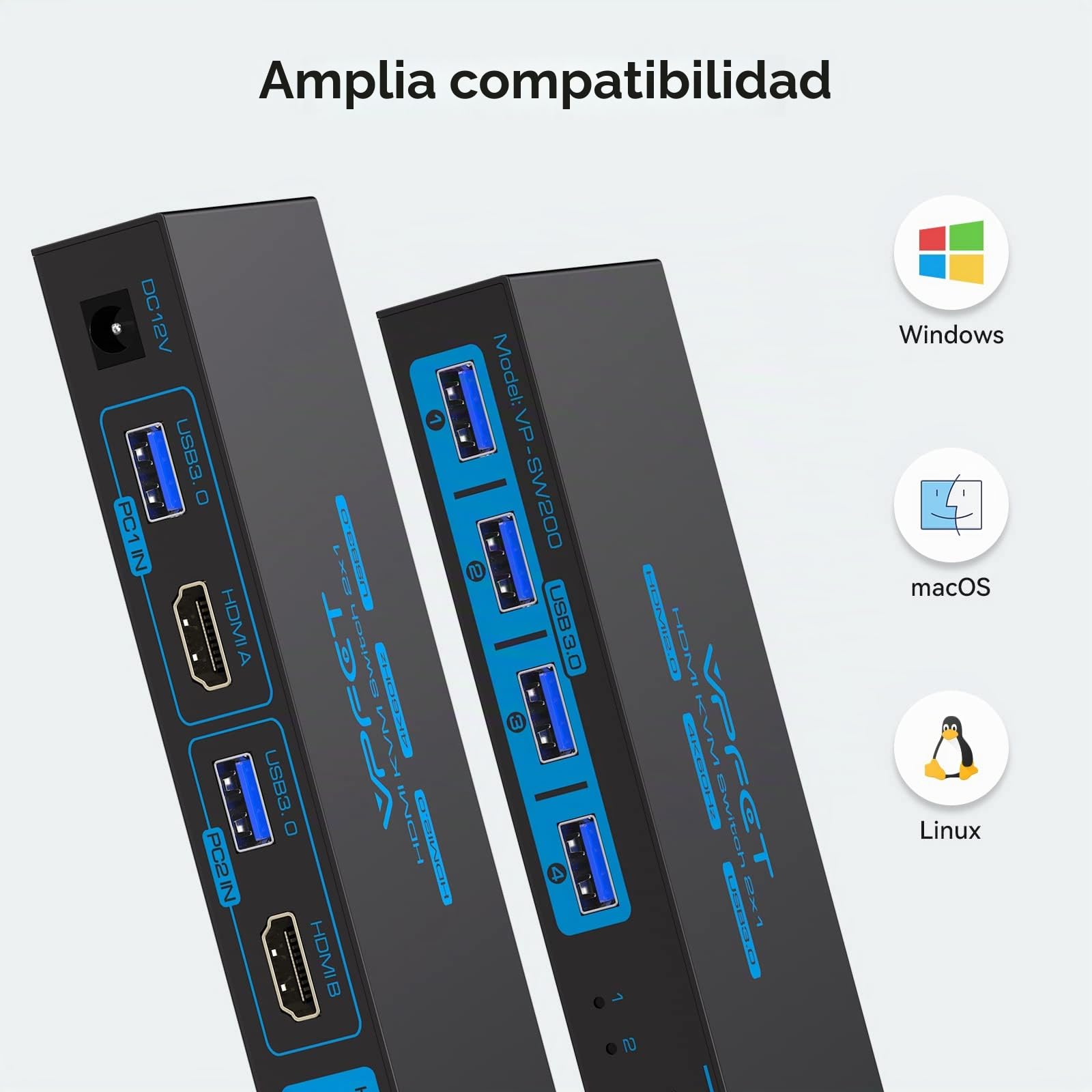 KVM Switch HDMI 2 PC 1 Monitor 4K@60Hz, Conmutador KVM USB 3.0, Doble PC Comparte 1 Pantallas y 4 USB Teclado, Ratón, Impresora, Pendrive, Incluye Fuente de Alimentación y Control de Escritorio