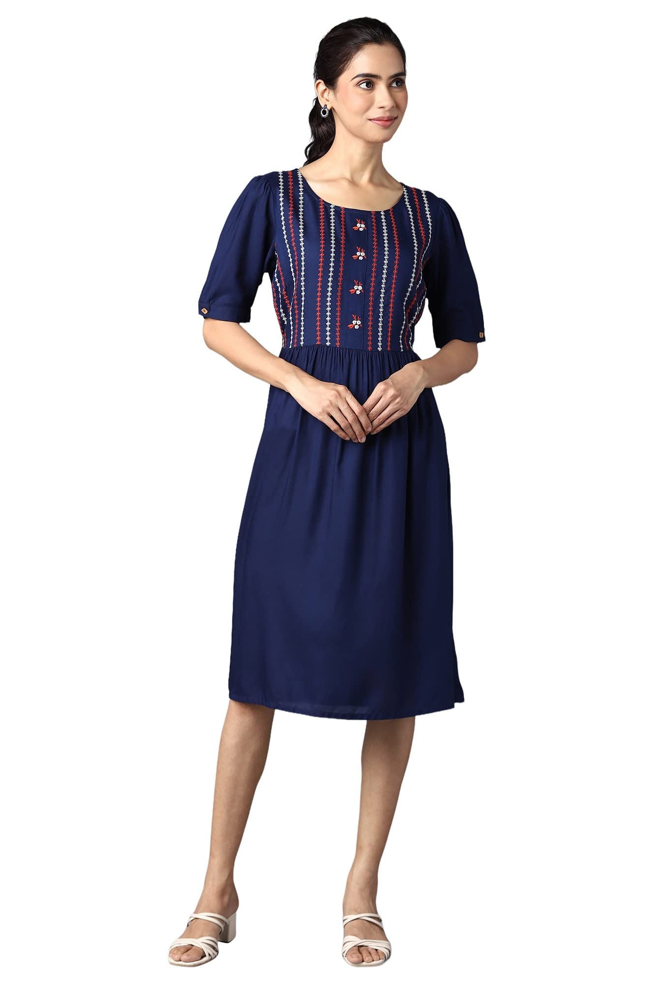 Aurelia Women's Regular Fit Knee Length Dress Embroidered Dress with Gathers