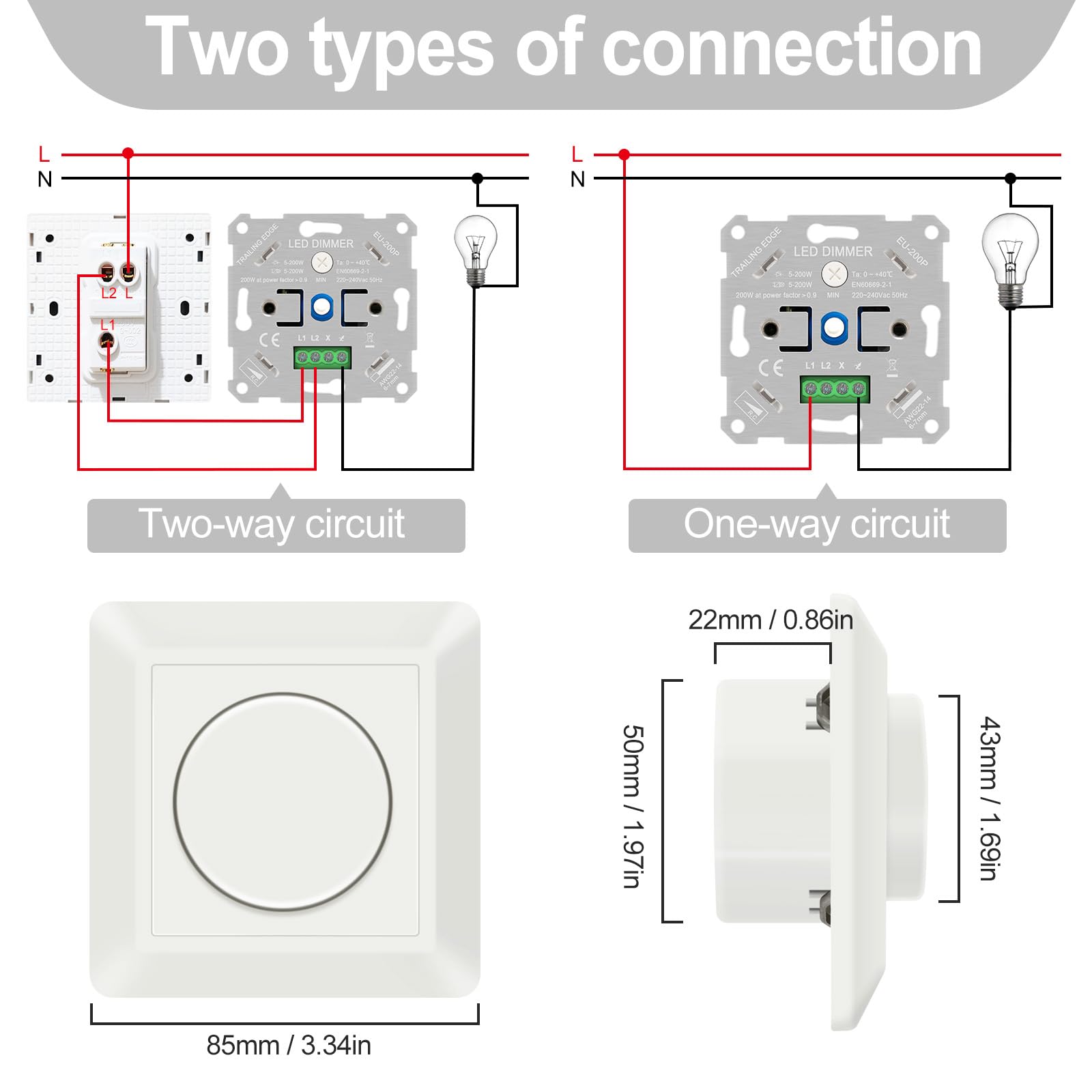 Dimmer LED 220V-240V, interruptor para bombillas LED regulables 5W-200W, protección segura, sin ruido, crema