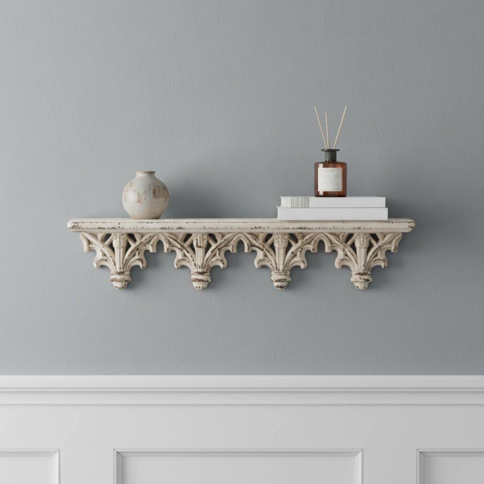 Mensola Stile Francese Mensola da Parete Scaffale Ripiano Console Vintage con Dettagli Scolpiti E Aspetto Invecchiato Materiale Magnesite E Legno per, Grande