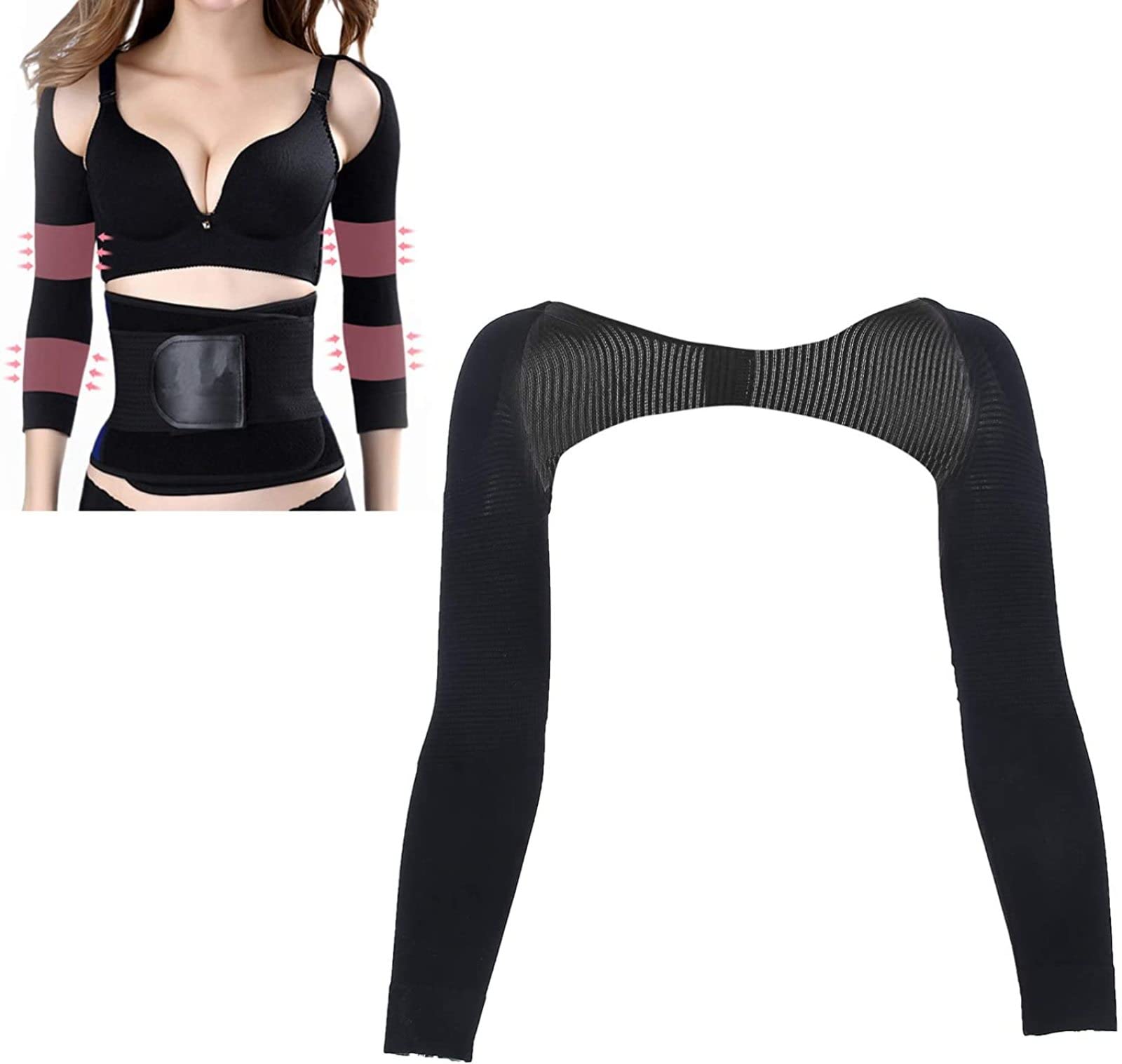 AADECOR Schlankheits-Armformer, Oberarm-Kompressionsärmel für Frauen, Rücken-Schulter-Unterstützung Buckelhaltungskorrektor Armstulpe Unsichtbare Arm-Shapewear, schwarz,M