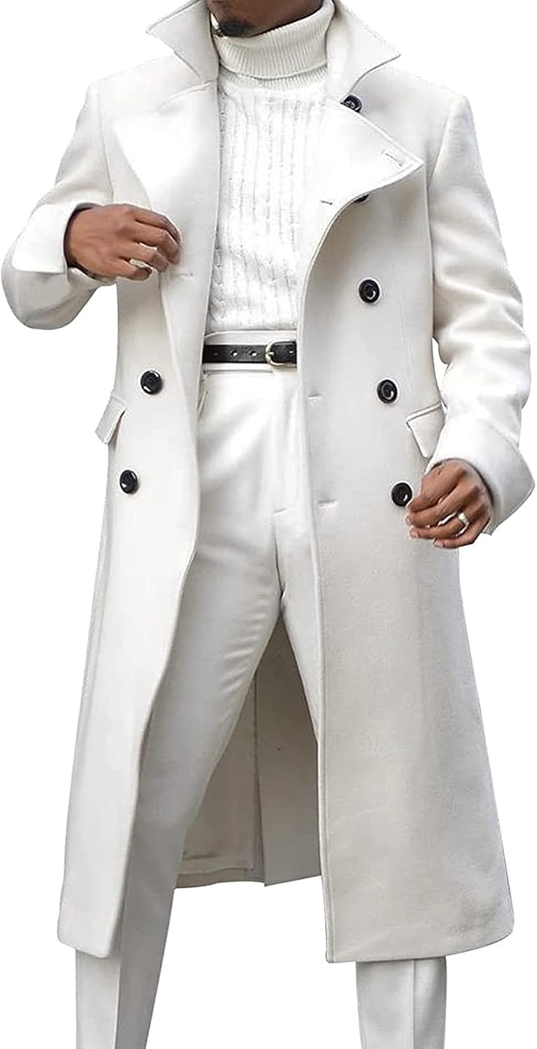 Men's Double Breasted Long Trench Coat Winter Notch Lapel Windbreaker Overcoat Casual Slim Business Pea Jacket