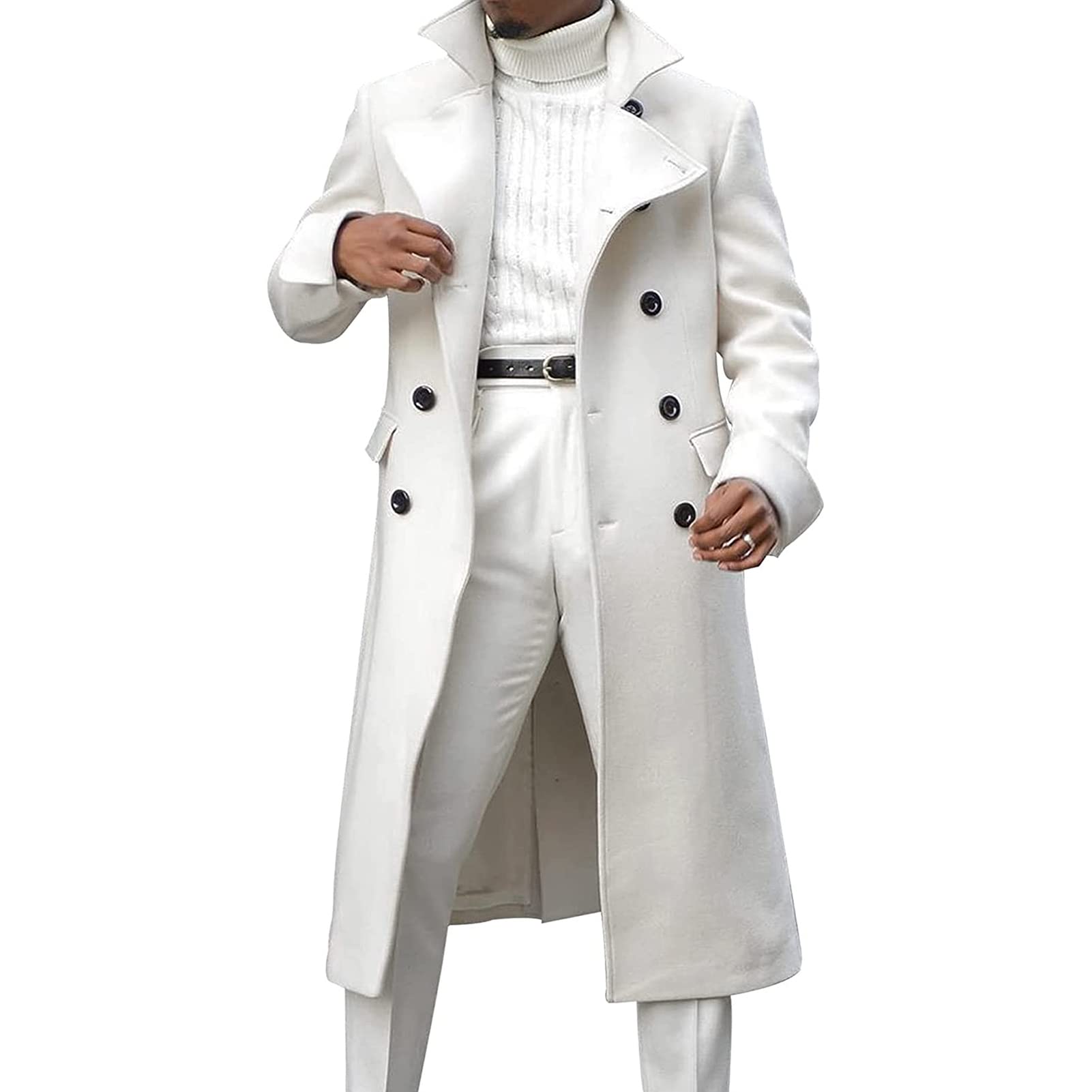 Zweireihiger Langer Trenchcoat für Herren Winter Windbreaker Mantel mit Revers Lässige Schmal Geschnittene Business Erbsenjacke (Weiß,XL)