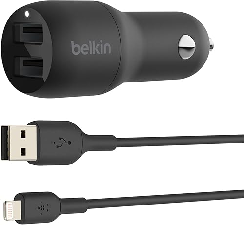 Belkin Cargador USB dual para automóvil de 24 W, 2 puertos USB-A de 12 W con cable Lightning, carga rápida para iPhone de Apple, Samsung Galaxy,