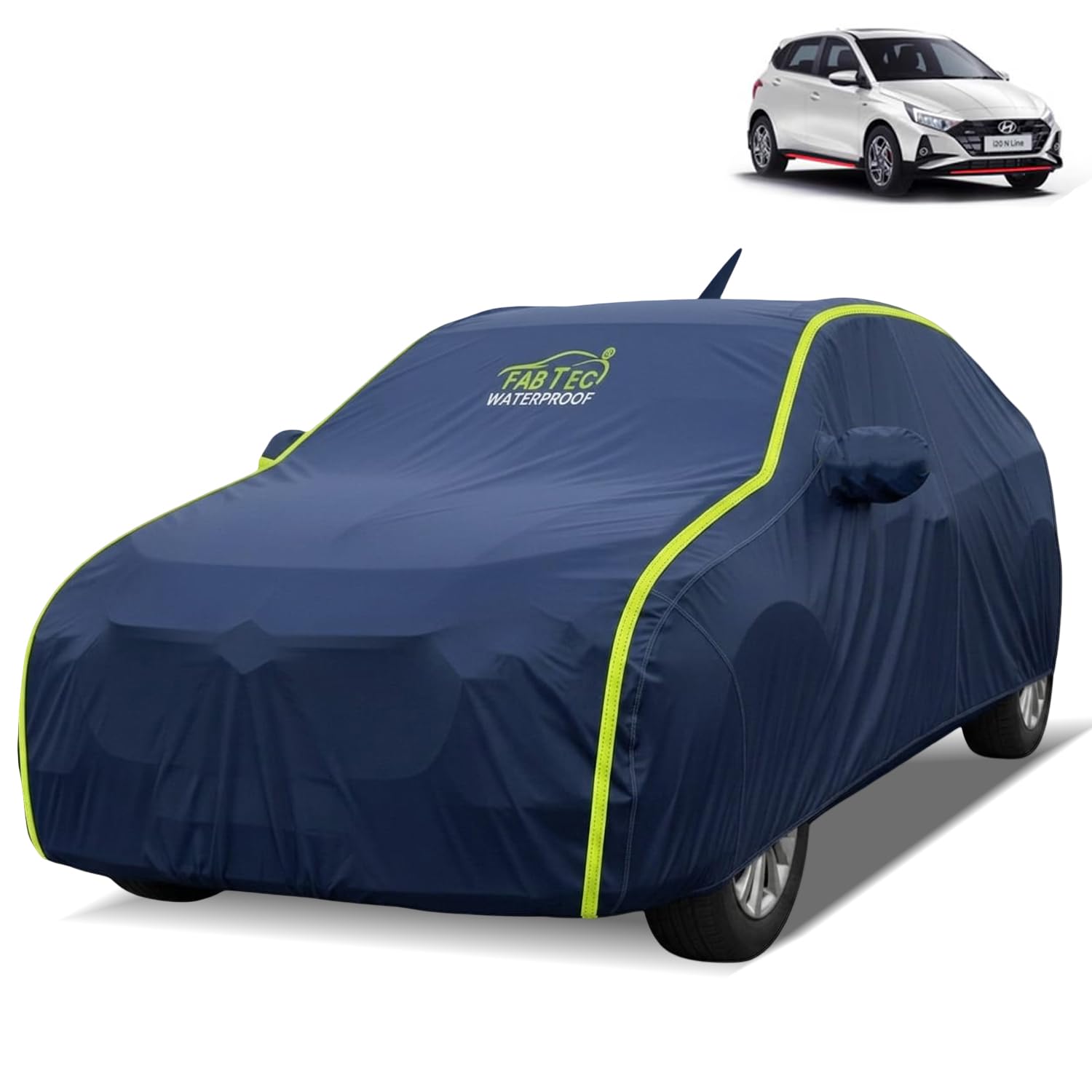 FABTEC Waterproof Car Body Cover for Hyundai I20 N Outdoor/Indoor All Weather Protection with Mirror & Antenna Pocket Triple Stitched (Premium Navy Blue with Neon Piping)