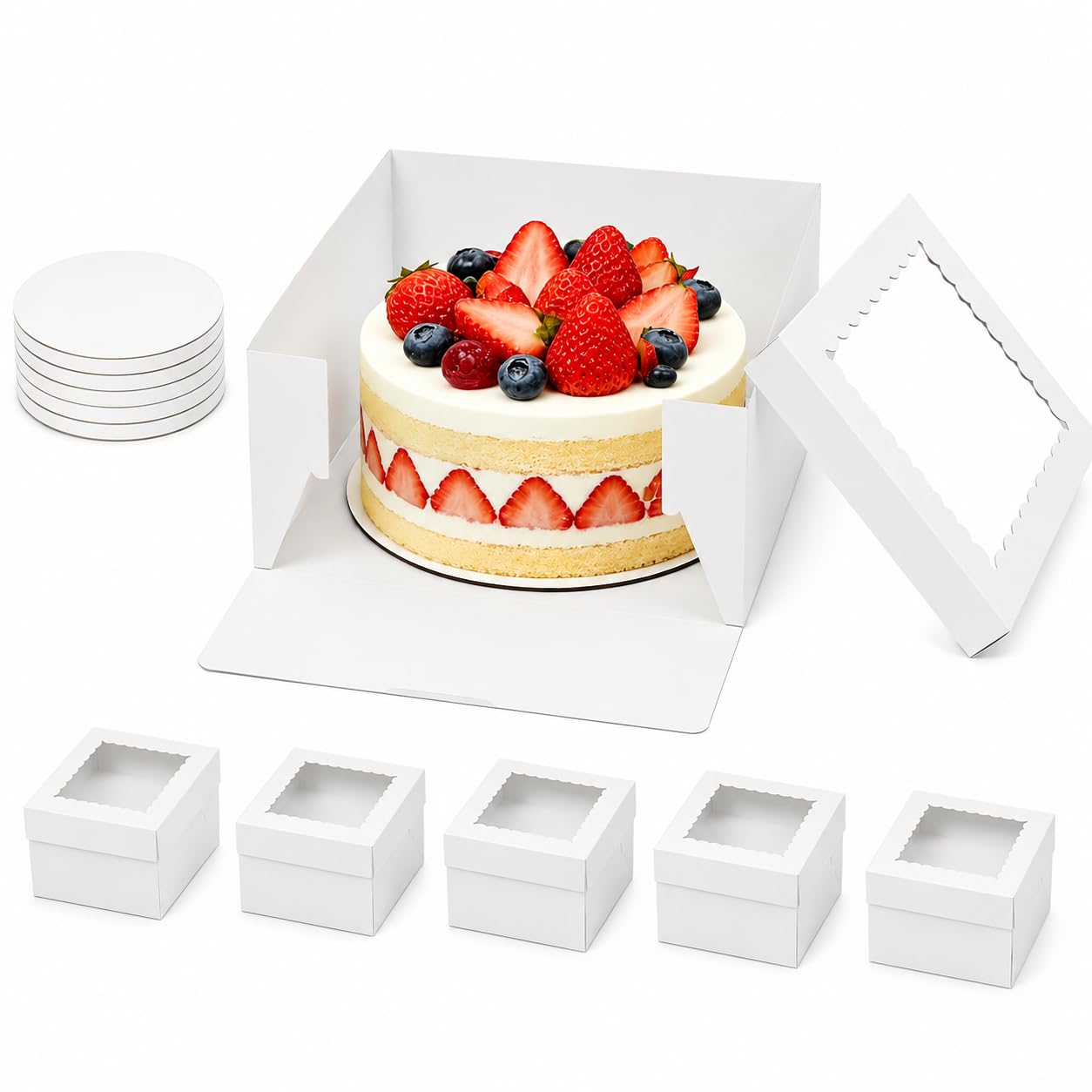 RITOLLO 6 Pack 10 Inch Cake Boxes with Boards, Deep White Cake Boxes with Clear Window for Birthdays, Weddings & Celebrations, 25.4 x 25.4 x 20.3 cm